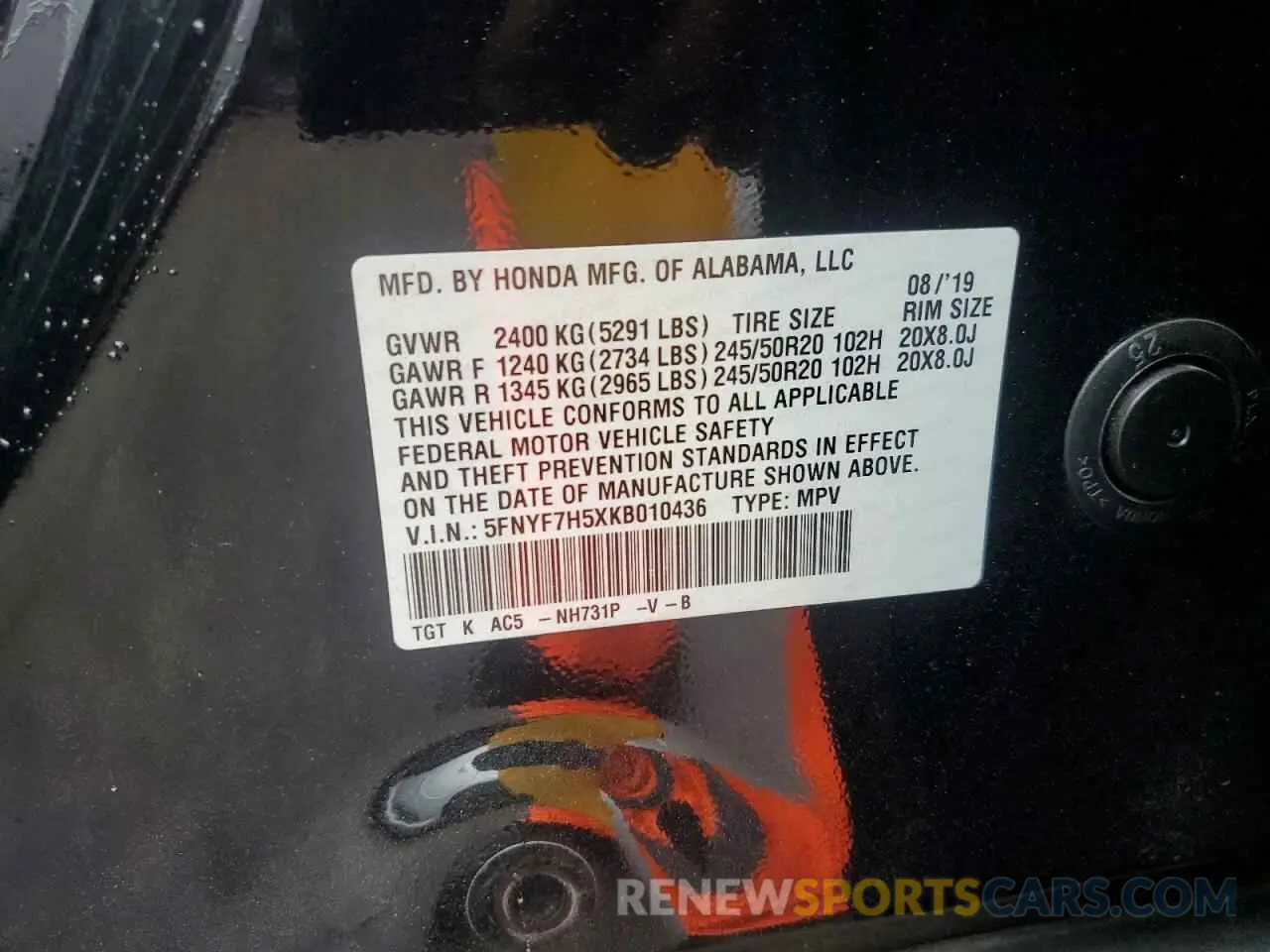 13 fotografías del automóvil dañado 5FNYF7H5XKB010436 HONDA PASSPORT 2019