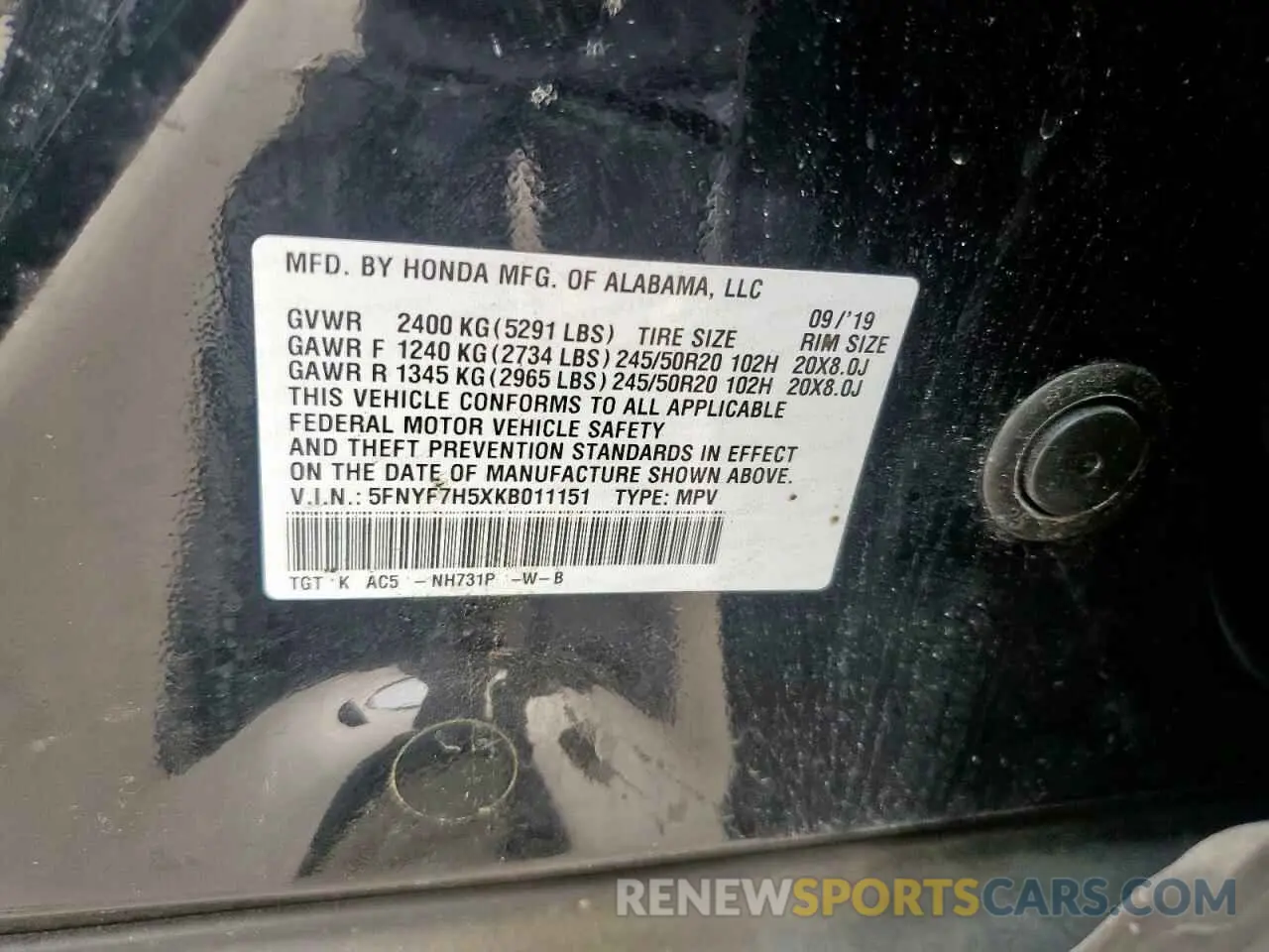 14 fotografías del automóvil dañado 5FNYF7H5XKB011151 HONDA PASSPORT 2019