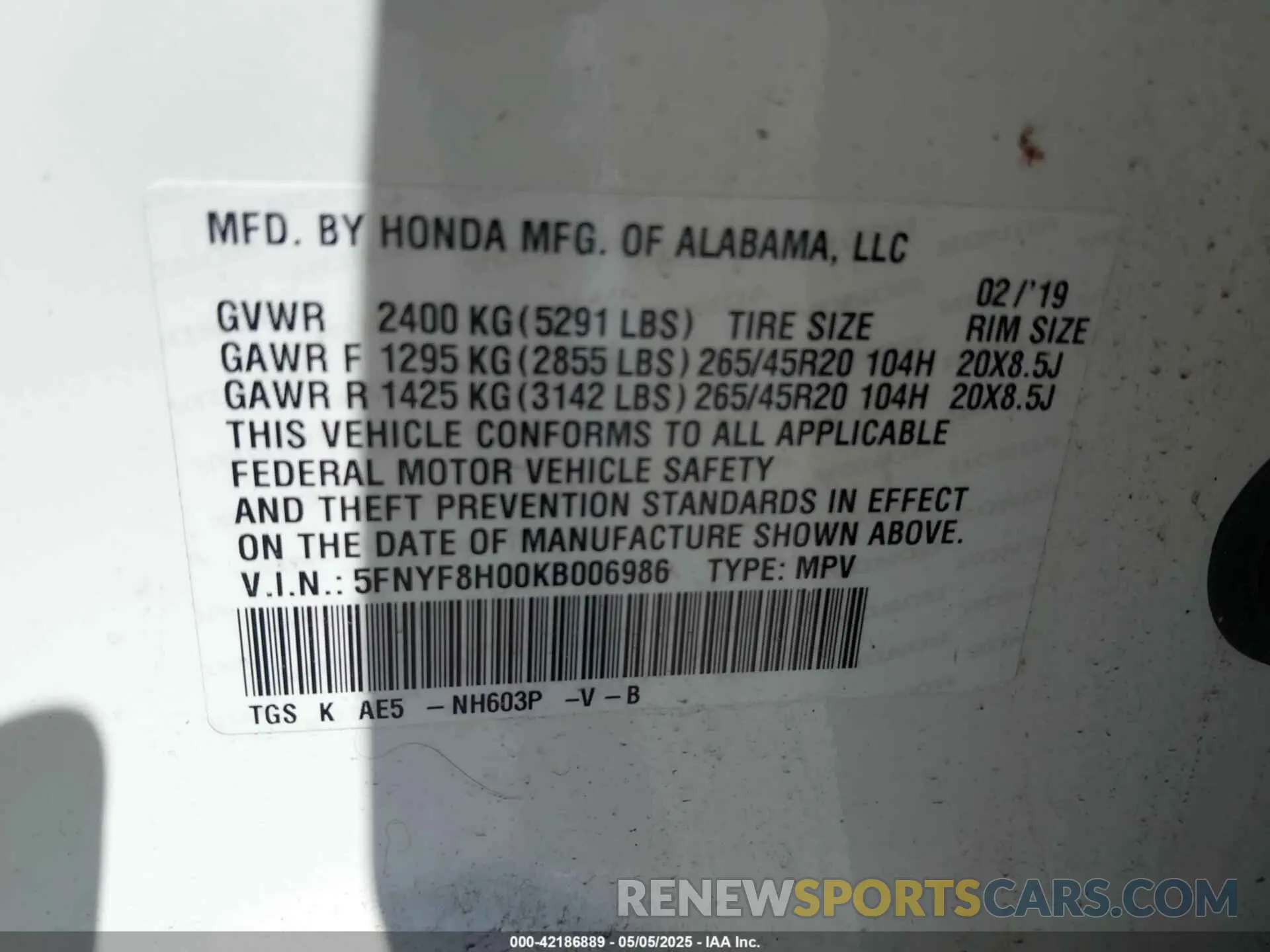 9 fotografías del automóvil dañado 5FNYF8H00KB006986 HONDA PASSPORT 2019