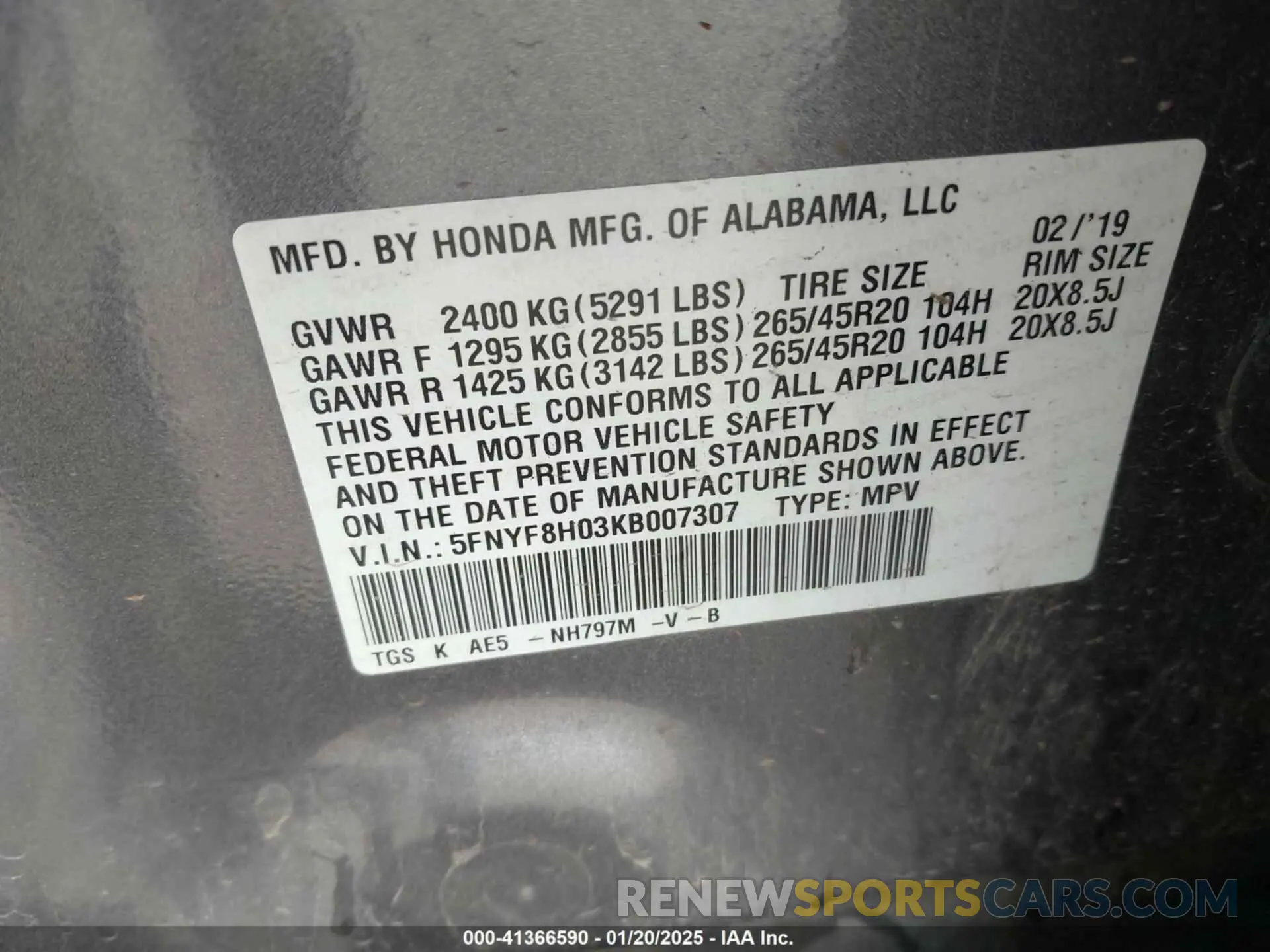 9 fotografías del automóvil dañado 5FNYF8H03KB007307 HONDA PASSPORT 2019