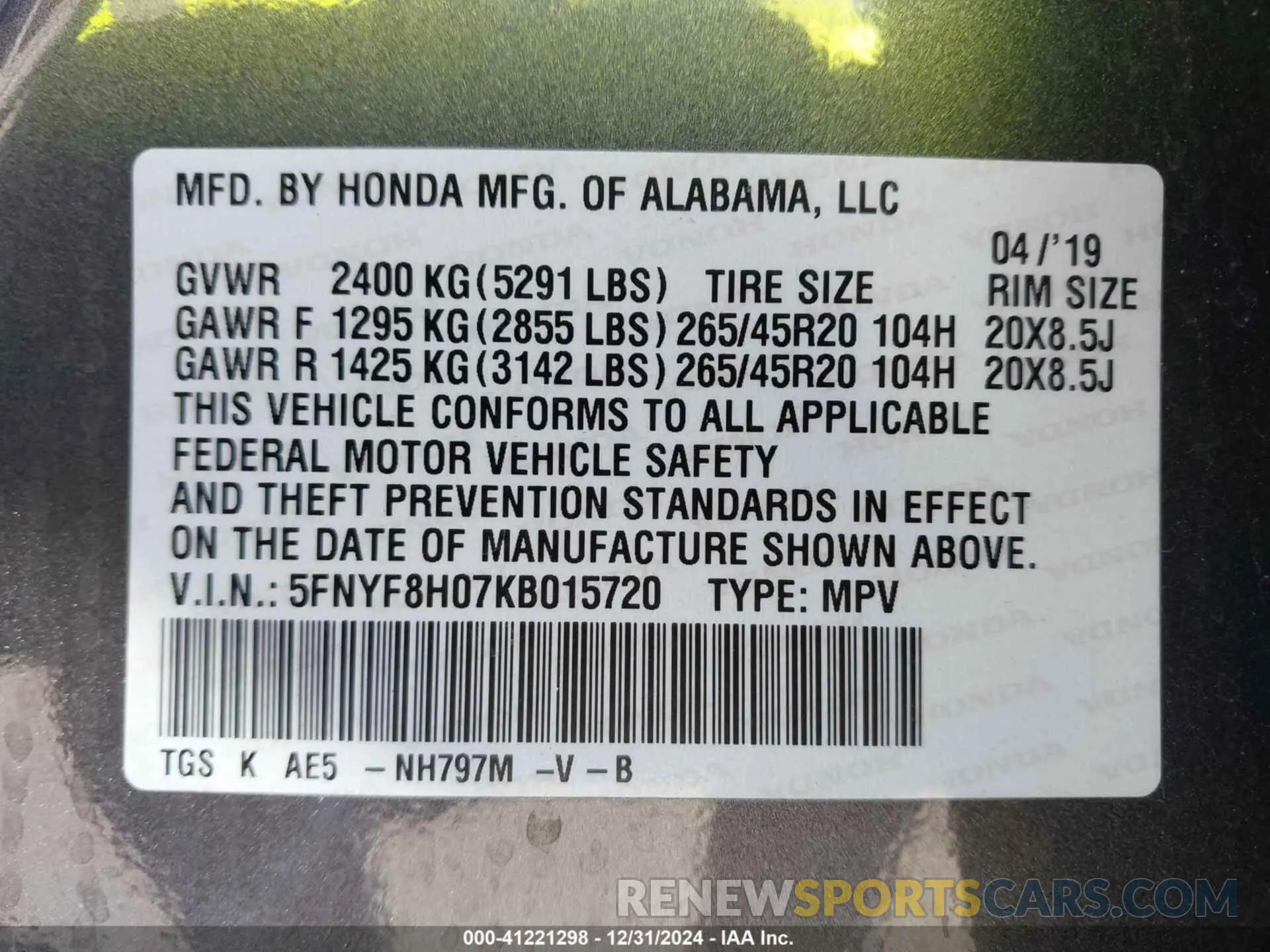 9 fotografías del automóvil dañado 5FNYF8H07KB015720 HONDA PASSPORT 2019