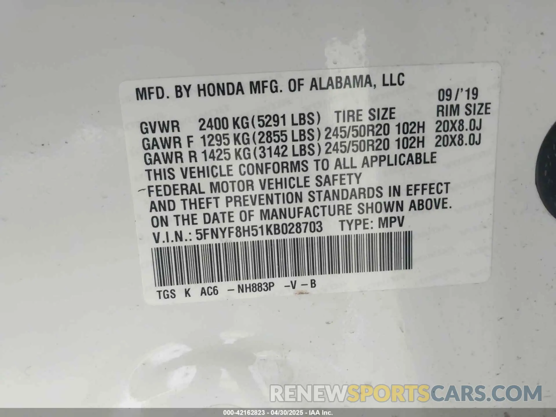 9 fotografías del automóvil dañado 5FNYF8H51KB028703 HONDA PASSPORT 2019