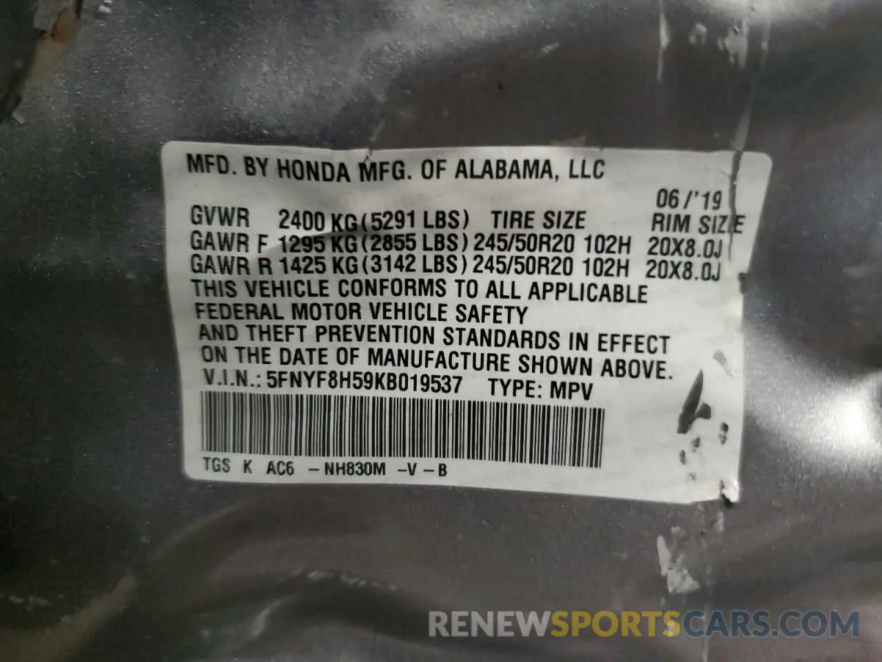 14 fotografías del automóvil dañado 5FNYF8H59KB019537 HONDA PASSPORT 2019