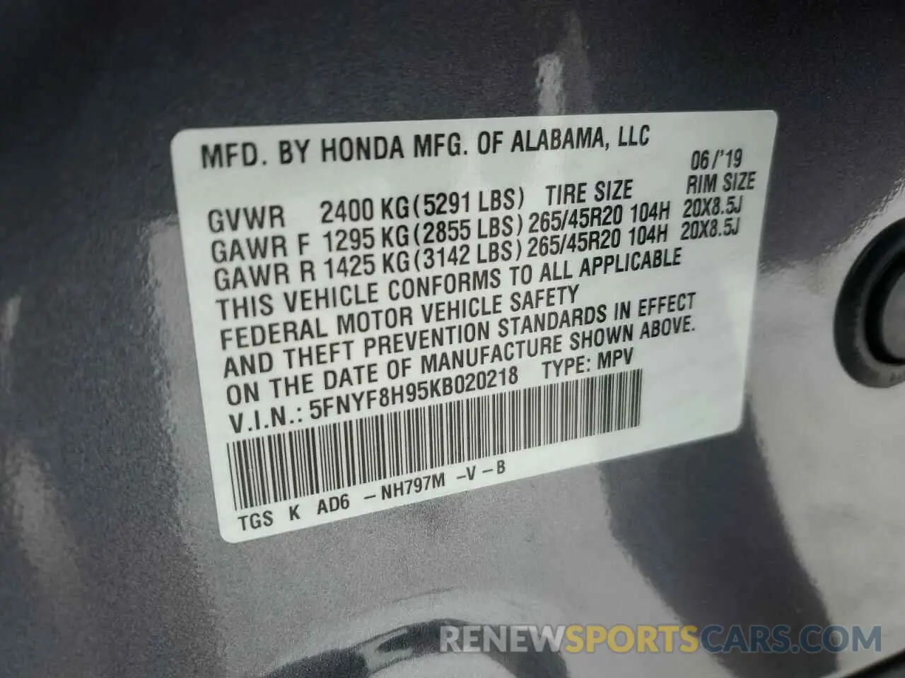 13 fotografías del automóvil dañado 5FNYF8H95KB020218 HONDA PASSPORT 2019