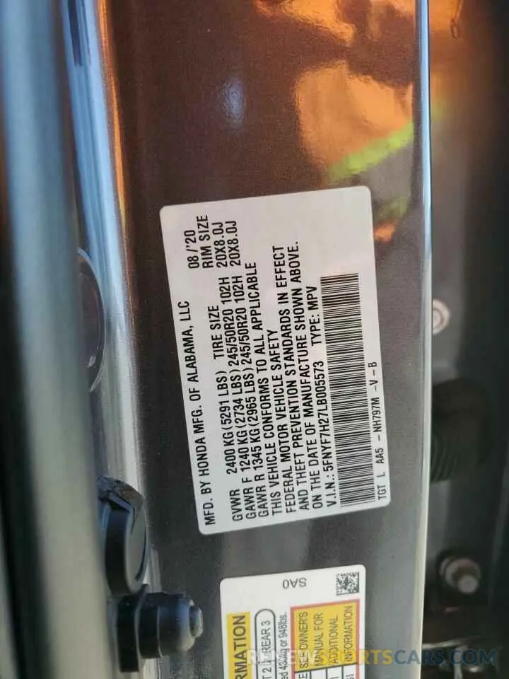 14 fotografías del automóvil dañado 5FNYF7H27LB005573 HONDA PASSPORT 2020