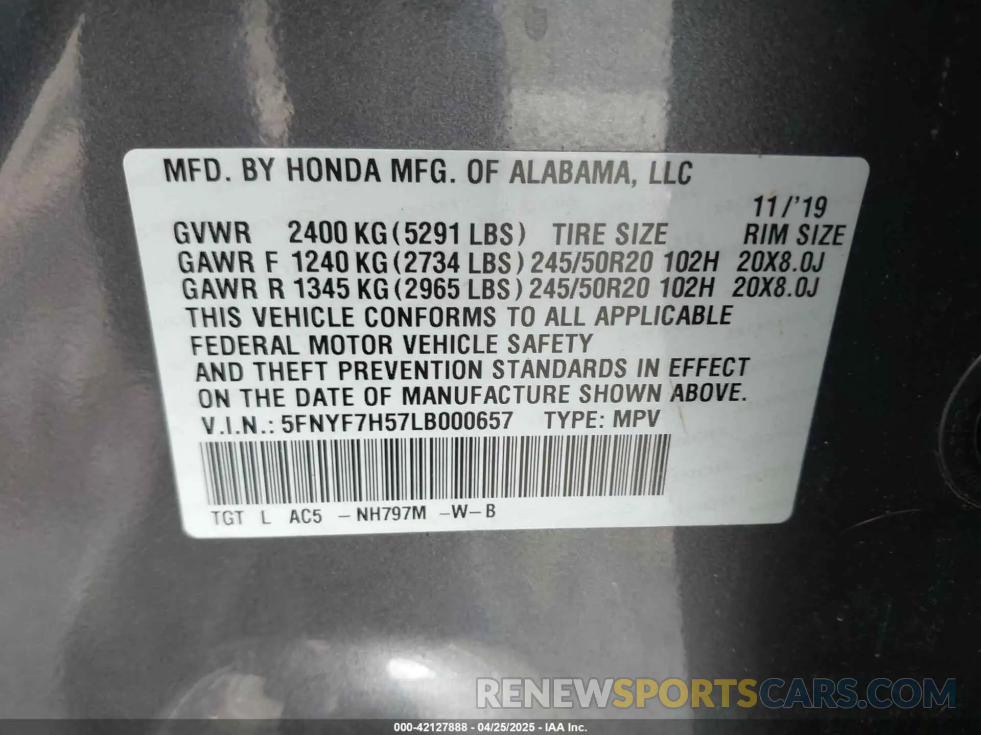 9 fotografías del automóvil dañado 5FNYF7H57LB000657 HONDA PASSPORT 2020