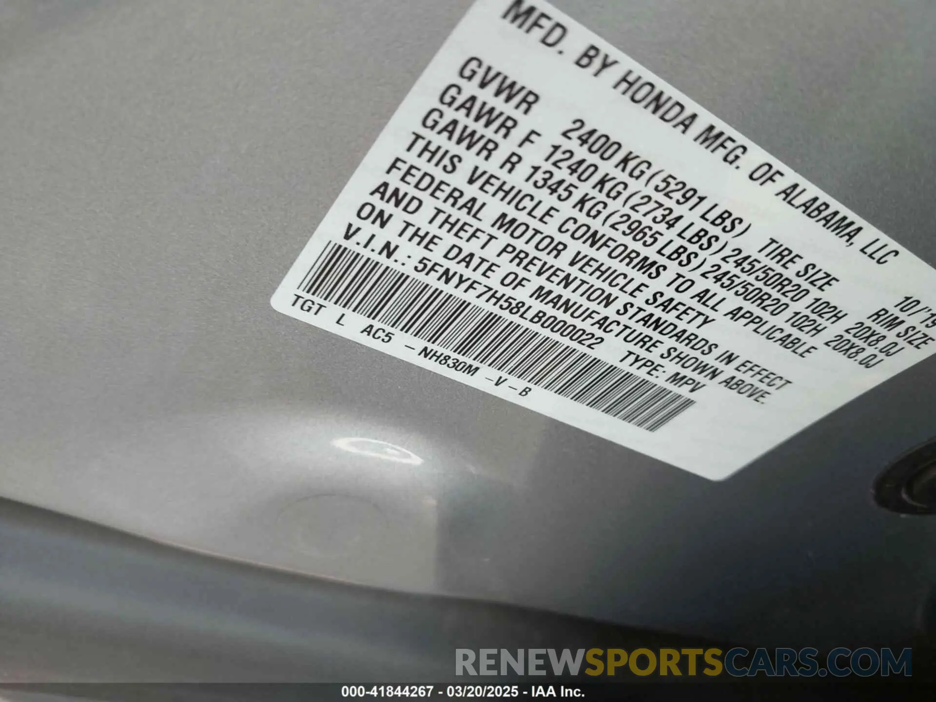 9 fotografías del automóvil dañado 5FNYF7H58LB000022 HONDA PASSPORT 2020