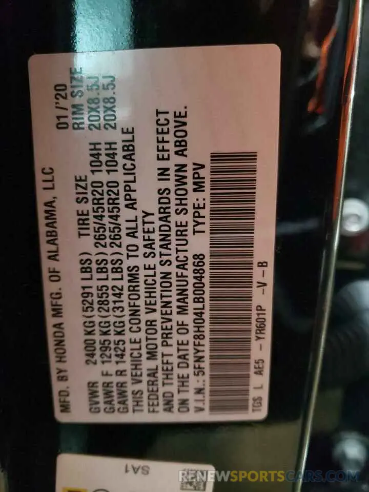 12 fotografías del automóvil dañado 5FNYF8H04LB004868 HONDA PASSPORT 2020