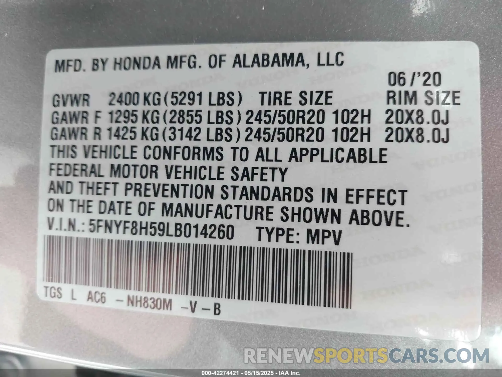 9 fotografías del automóvil dañado 5FNYF8H59LB014260 HONDA PASSPORT 2020