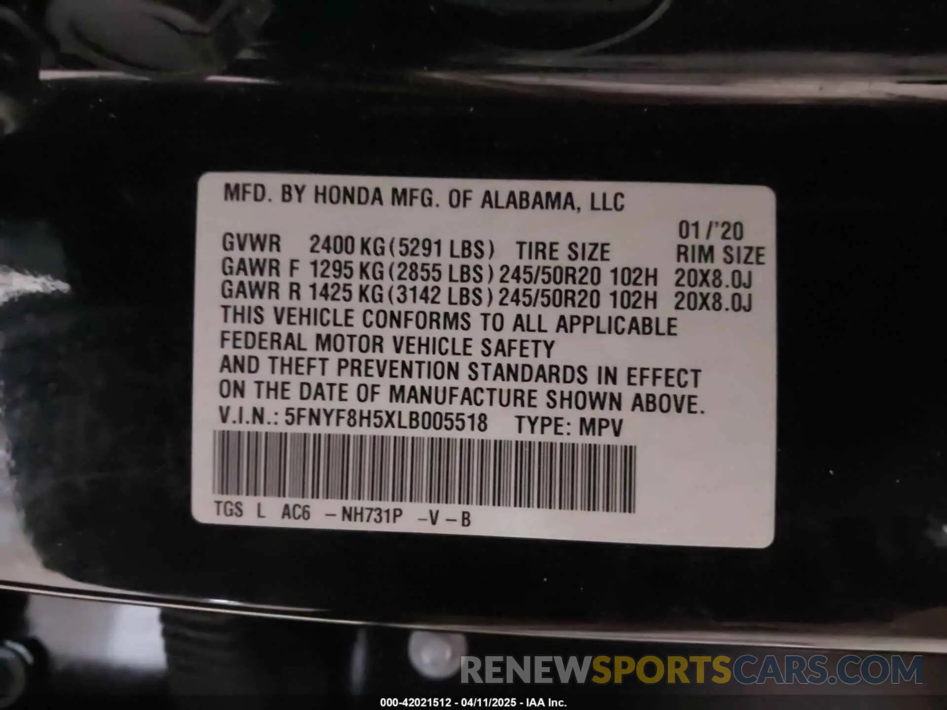 9 fotografías del automóvil dañado 5FNYF8H5XLB005518 HONDA PASSPORT 2020