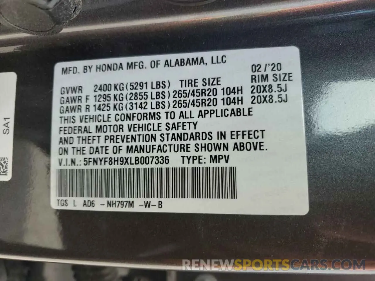 13 fotografías del automóvil dañado 5FNYF8H9XLB007336 HONDA PASSPORT 2020