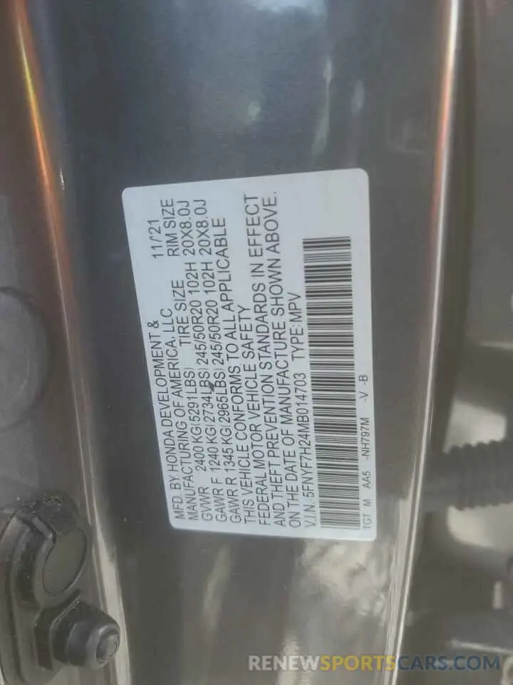 13 fotografías del automóvil dañado 5FNYF7H24MB014703 HONDA PASSPORT 2021