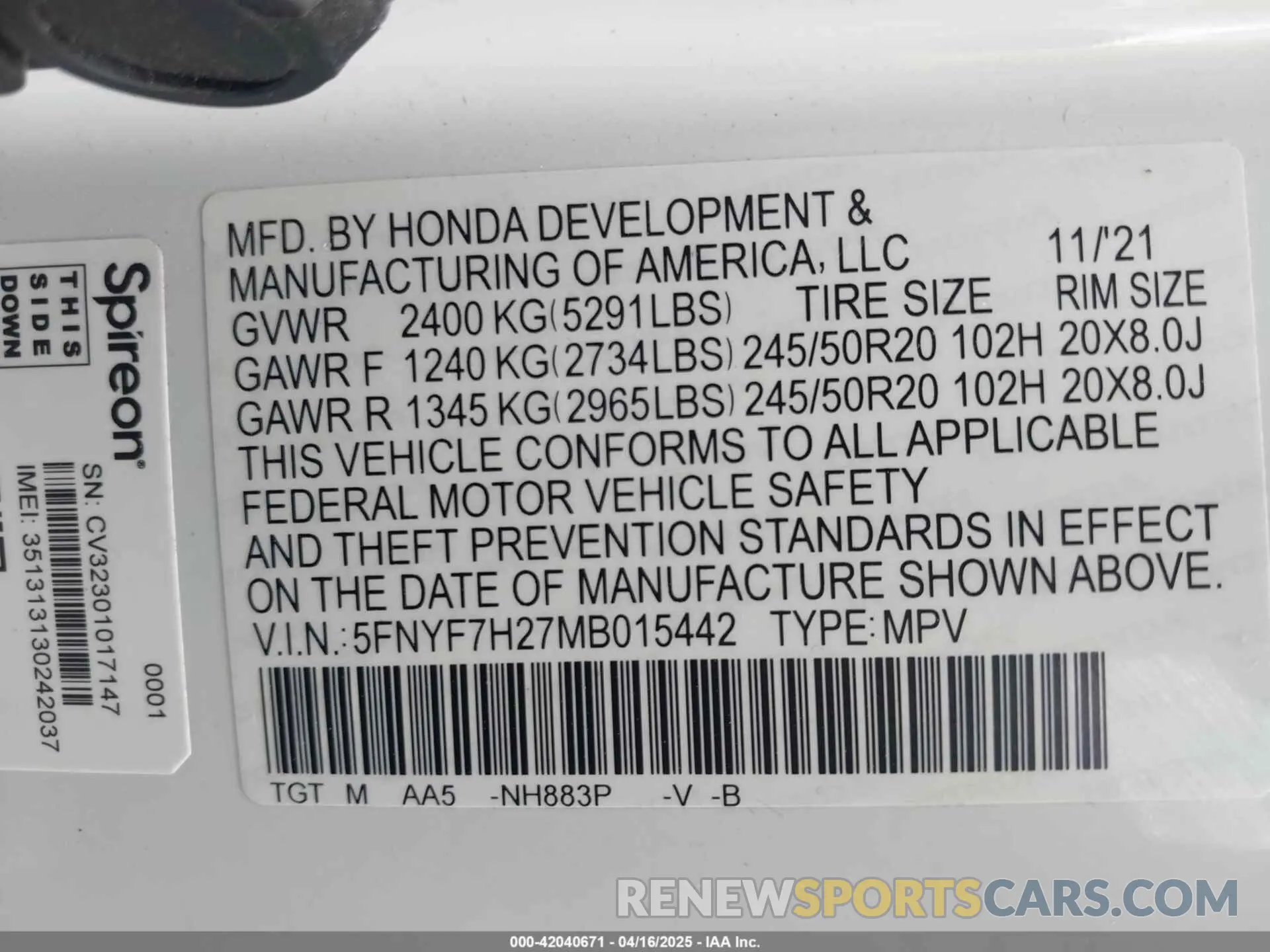 9 fotografías del automóvil dañado 5FNYF7H27MB015442 HONDA PASSPORT 2021