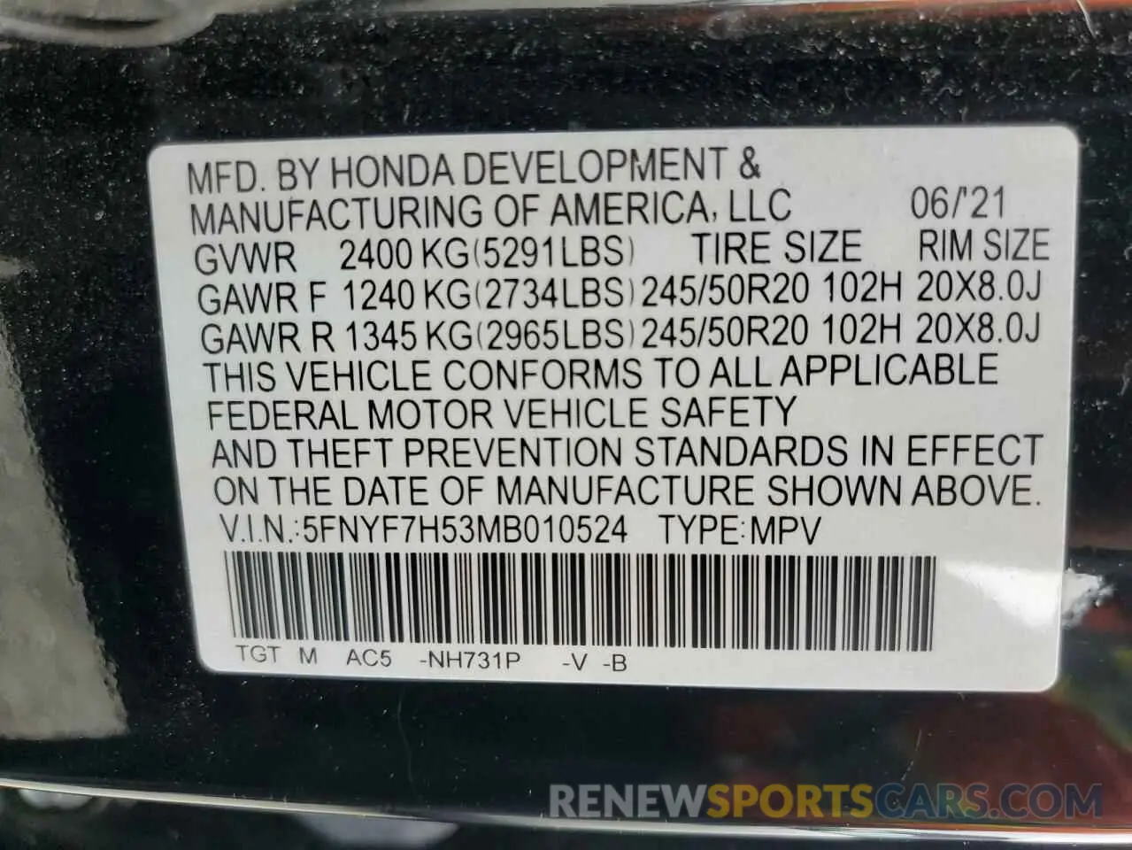 13 fotografías del automóvil dañado 5FNYF7H53MB010524 HONDA PASSPORT 2021