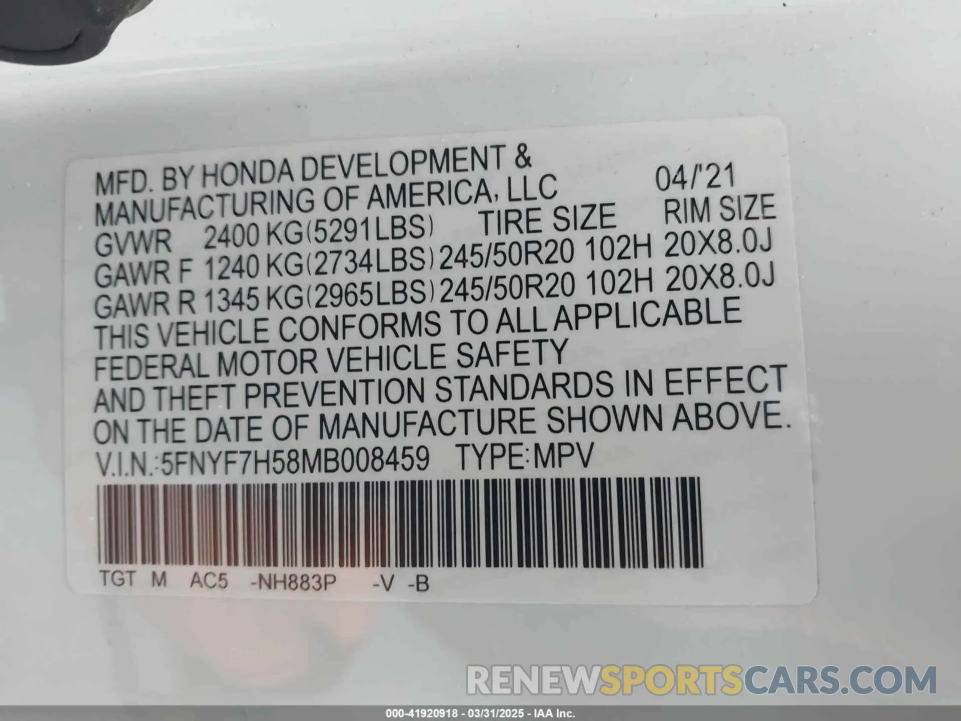 9 fotografías del automóvil dañado 5FNYF7H58MB008459 HONDA PASSPORT 2021