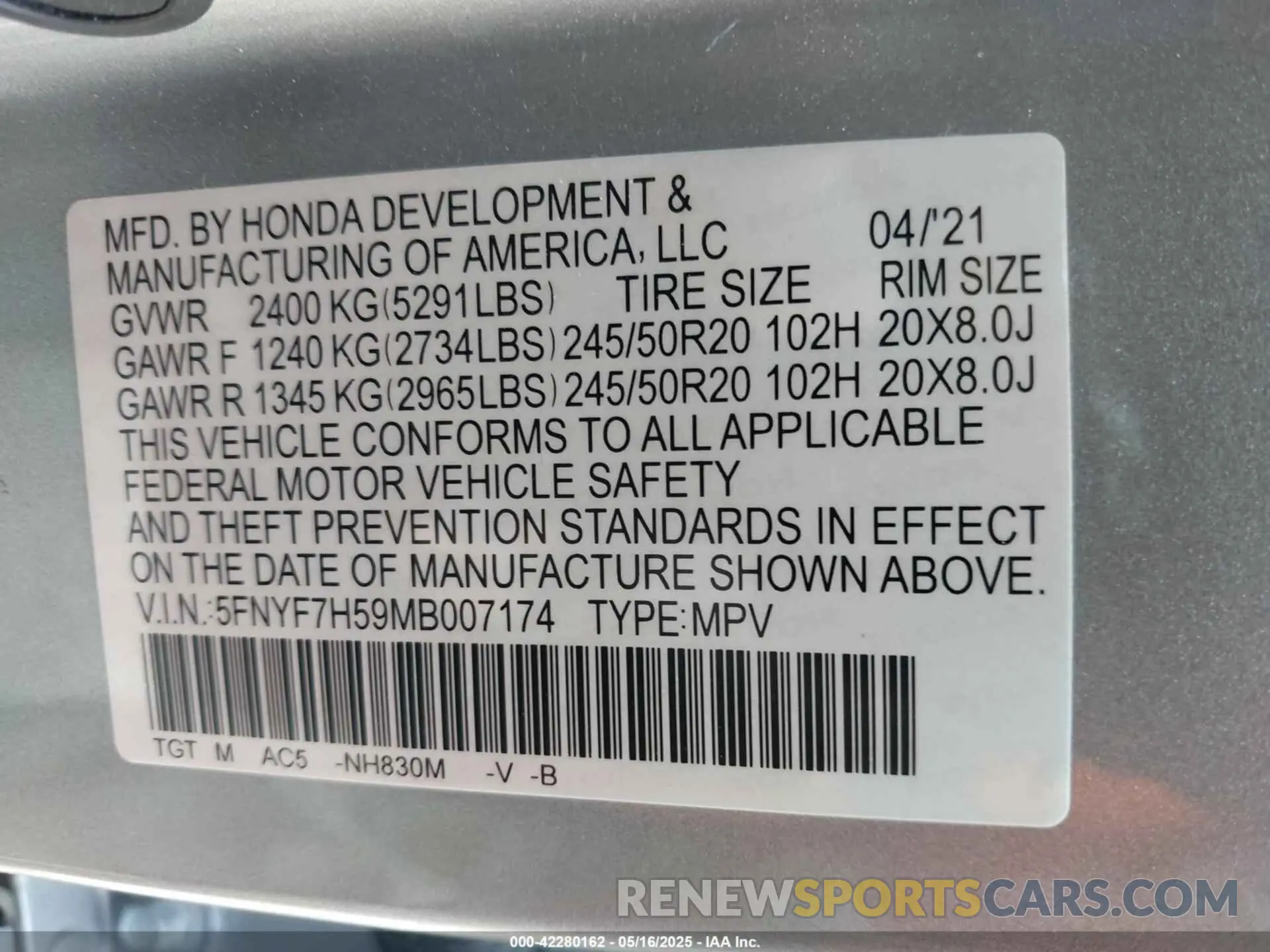 9 fotografías del automóvil dañado 5FNYF7H59MB007174 HONDA PASSPORT 2021
