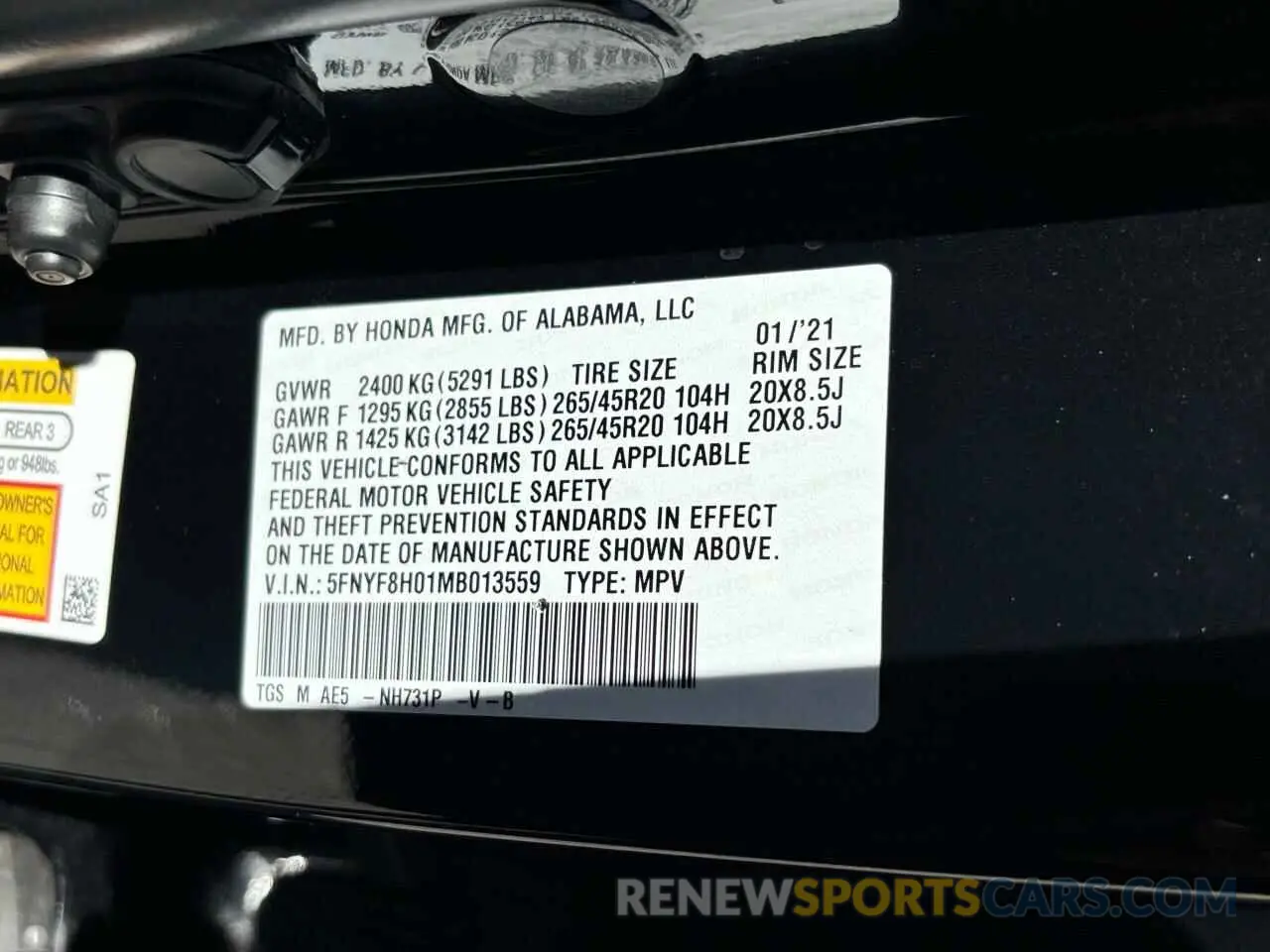 10 fotografías del automóvil dañado 5FNYF8H01MB013559 HONDA PASSPORT 2021