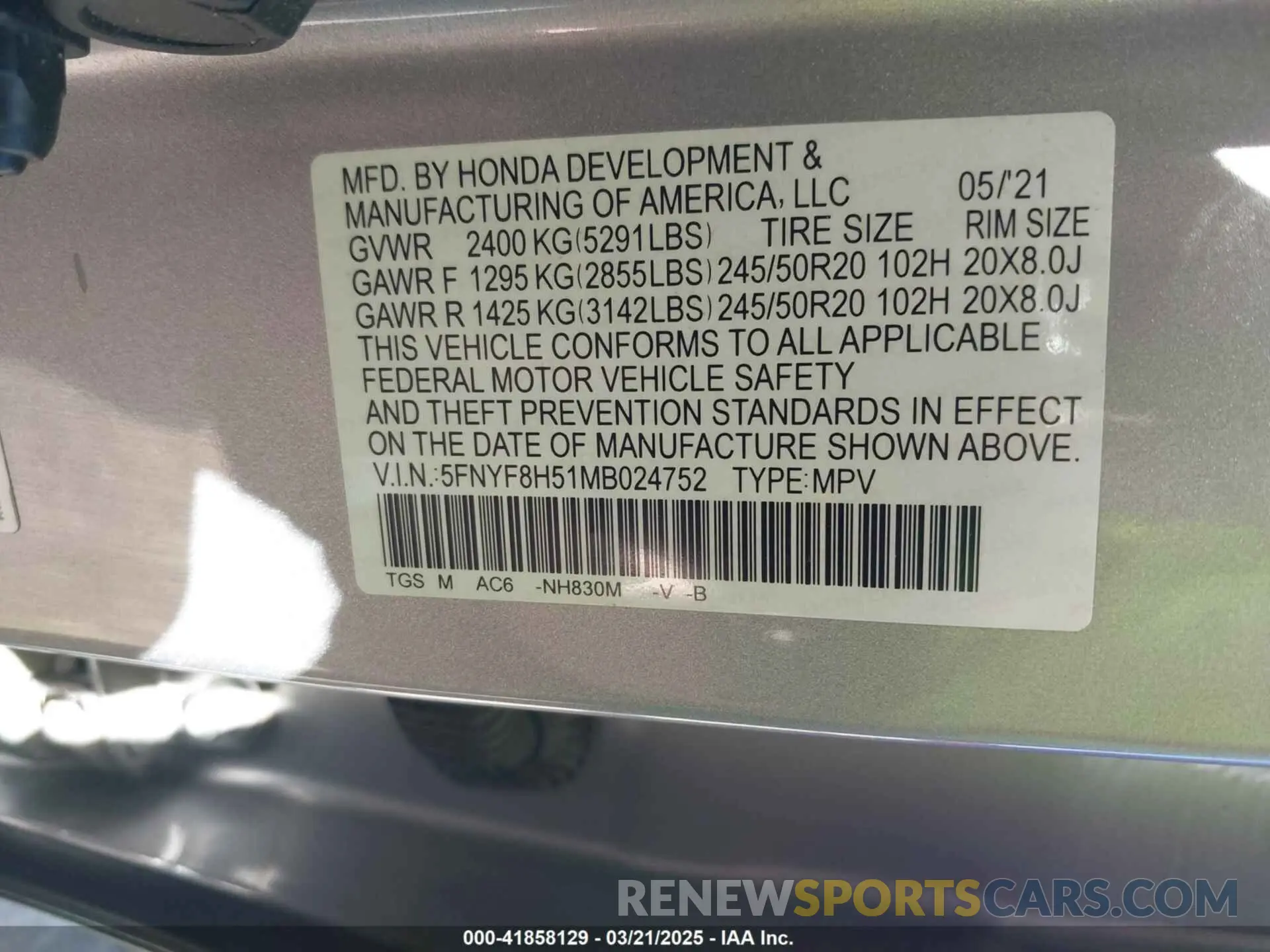 9 fotografías del automóvil dañado 5FNYF8H51MB024752 HONDA PASSPORT 2021