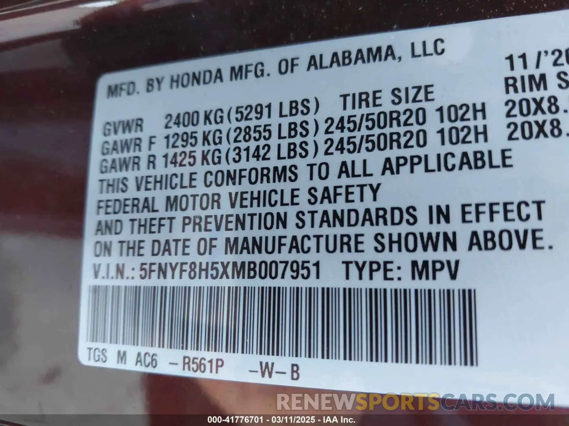 9 fotografías del automóvil dañado 5FNYF8H5XMB007951 HONDA PASSPORT 2021