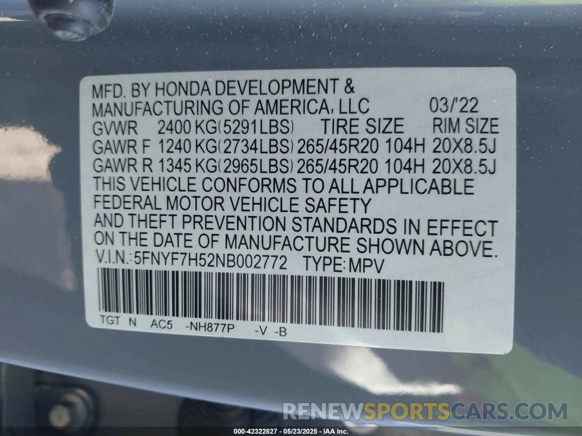 9 fotografías del automóvil dañado 5FNYF7H52NB002772 HONDA PASSPORT 2022