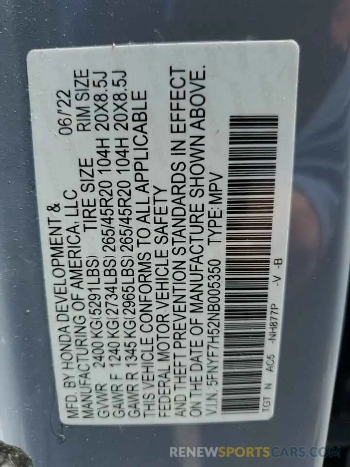 14 fotografías del automóvil dañado 5FNYF7H52NB005350 HONDA PASSPORT 2022