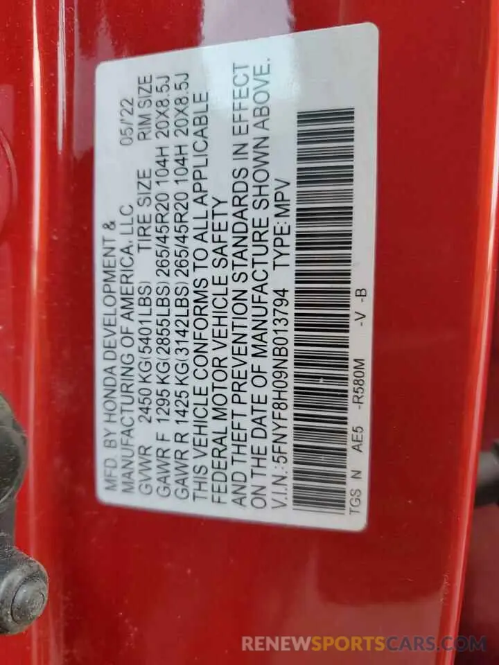 14 fotografías del automóvil dañado 5FNYF8H09NB013794 HONDA PASSPORT 2022