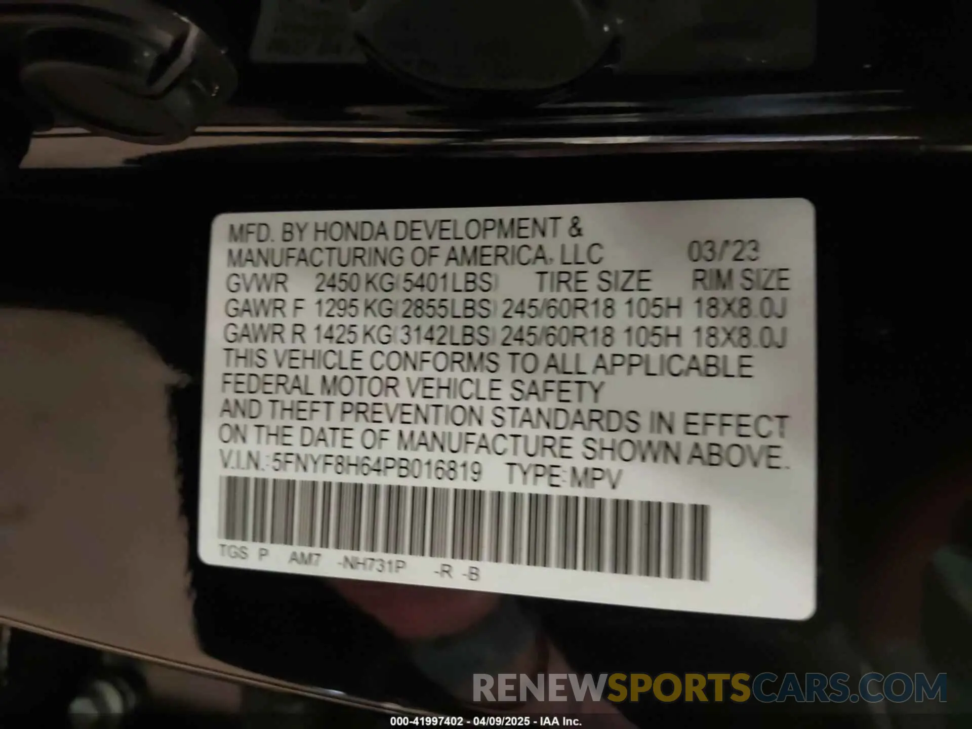 9 fotografías del automóvil dañado 5FNYF8H64PB016819 HONDA PASSPORT 2023