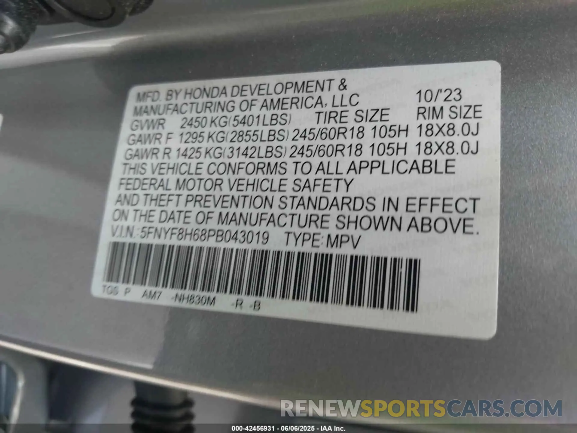 9 fotografías del automóvil dañado 5FNYF8H68PB043019 HONDA PASSPORT 2023
