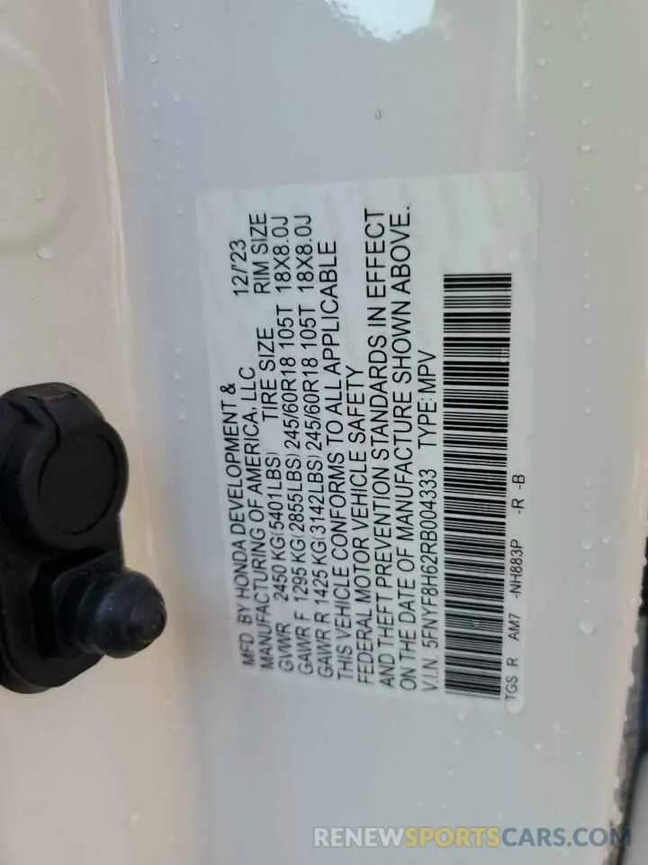 14 fotografías del automóvil dañado 5FNYF8H62RB004333 HONDA PASSPORT 2024