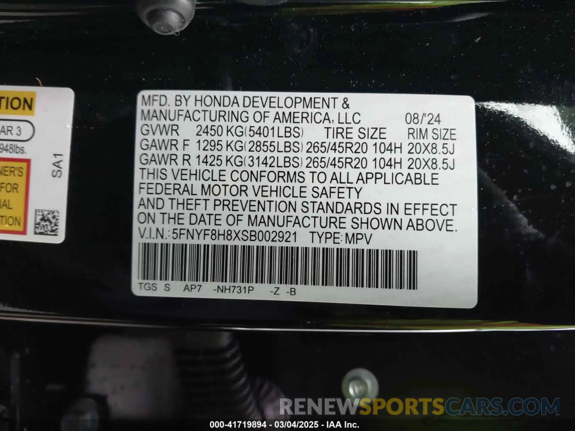 9 fotografías del automóvil dañado 5FNYF8H8XSB002921 HONDA PASSPORT 2025