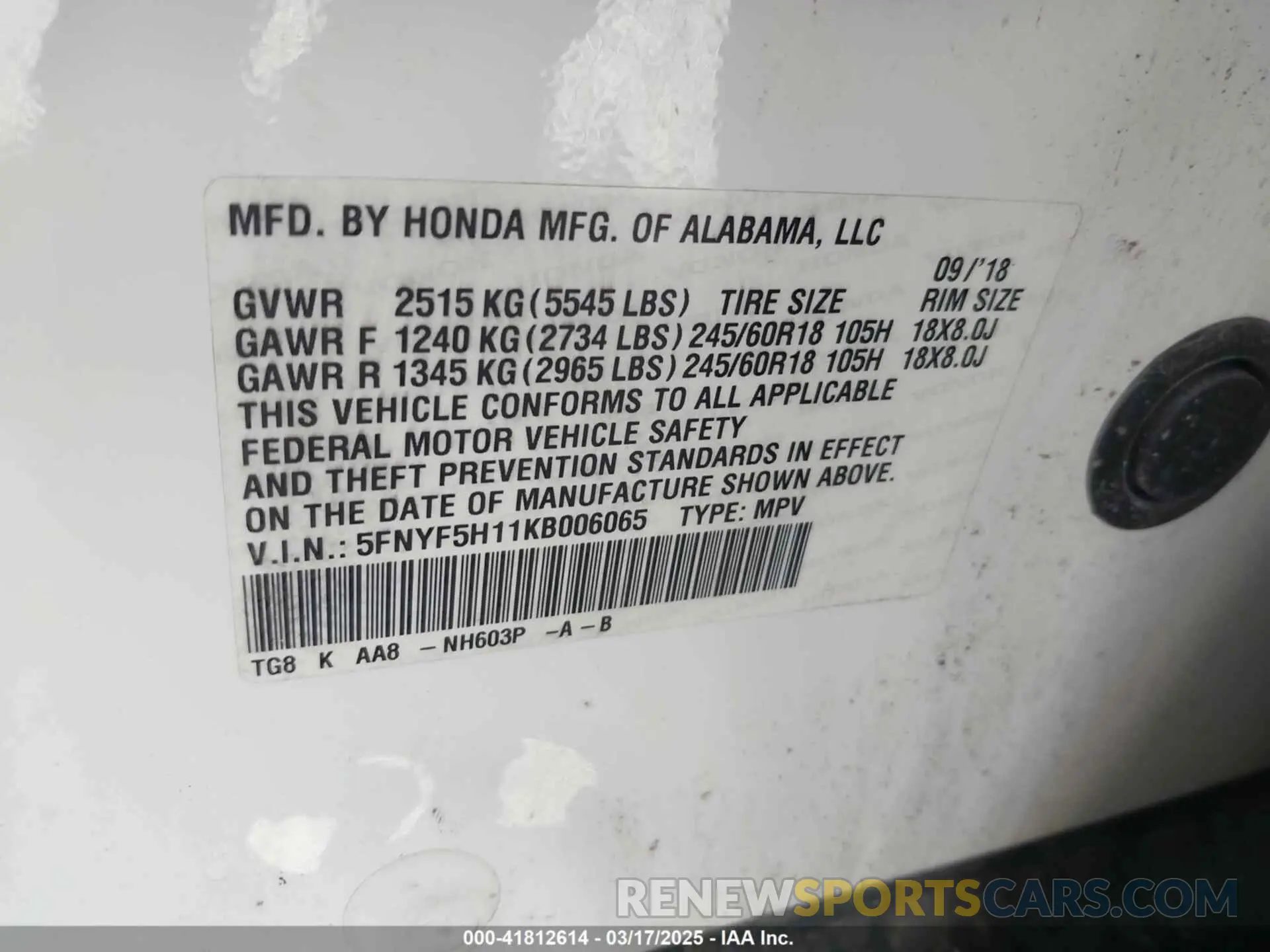 9 fotografías del automóvil dañado 5FNYF5H11KB006065 HONDA PILOT 2019