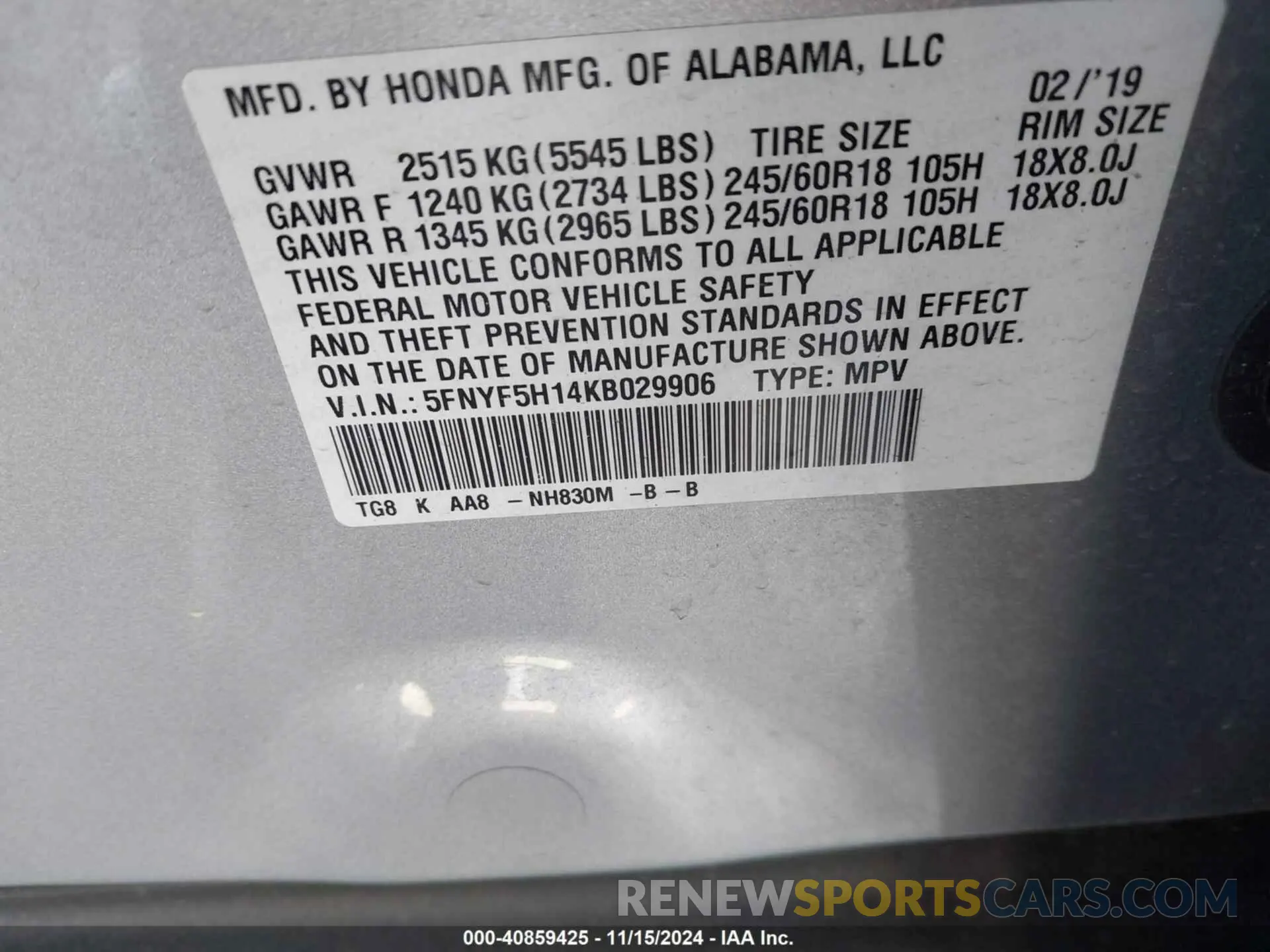 9 fotografías del automóvil dañado 5FNYF5H14KB029906 HONDA PILOT 2019