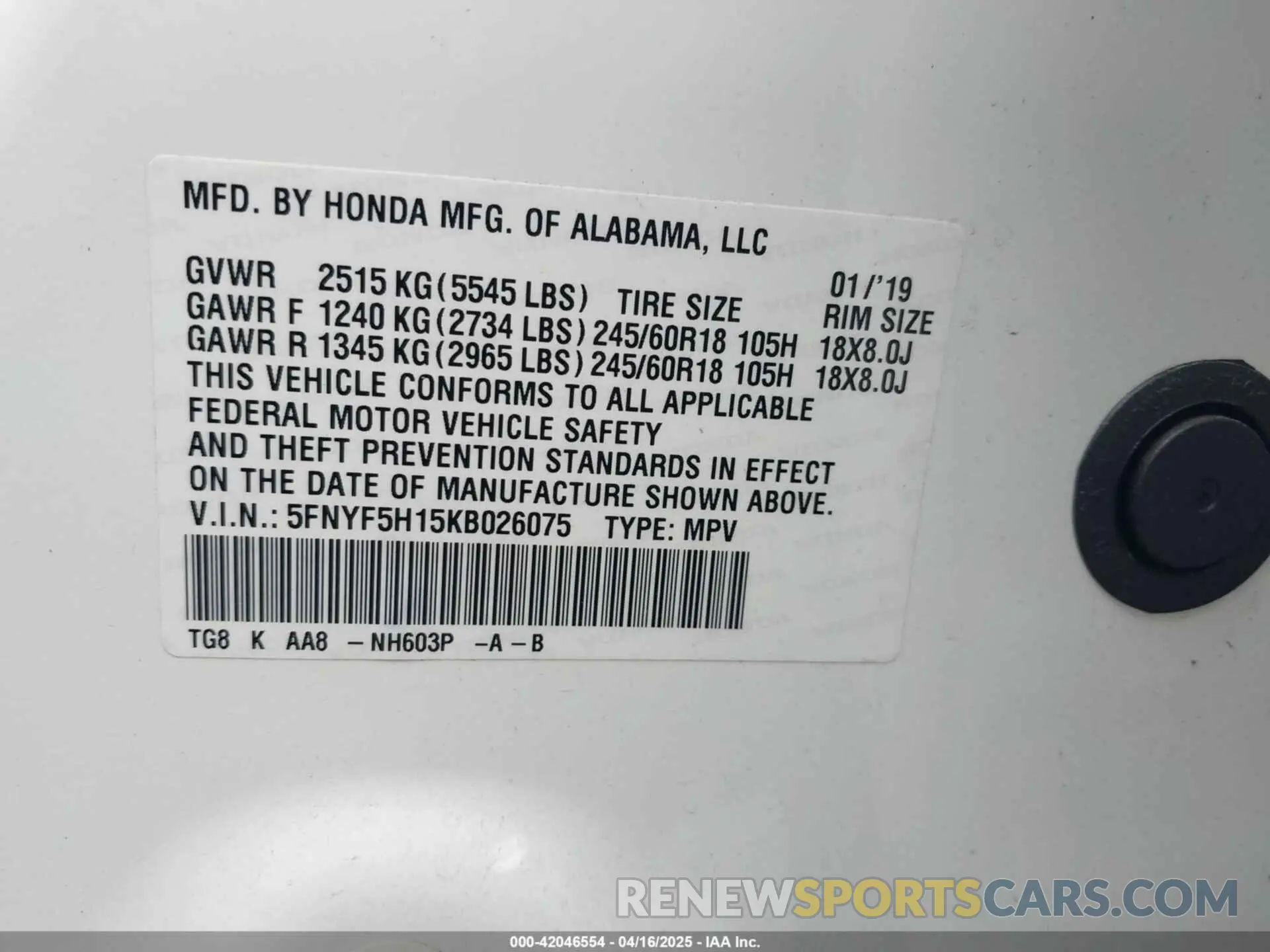 9 fotografías del automóvil dañado 5FNYF5H15KB026075 HONDA PILOT 2019