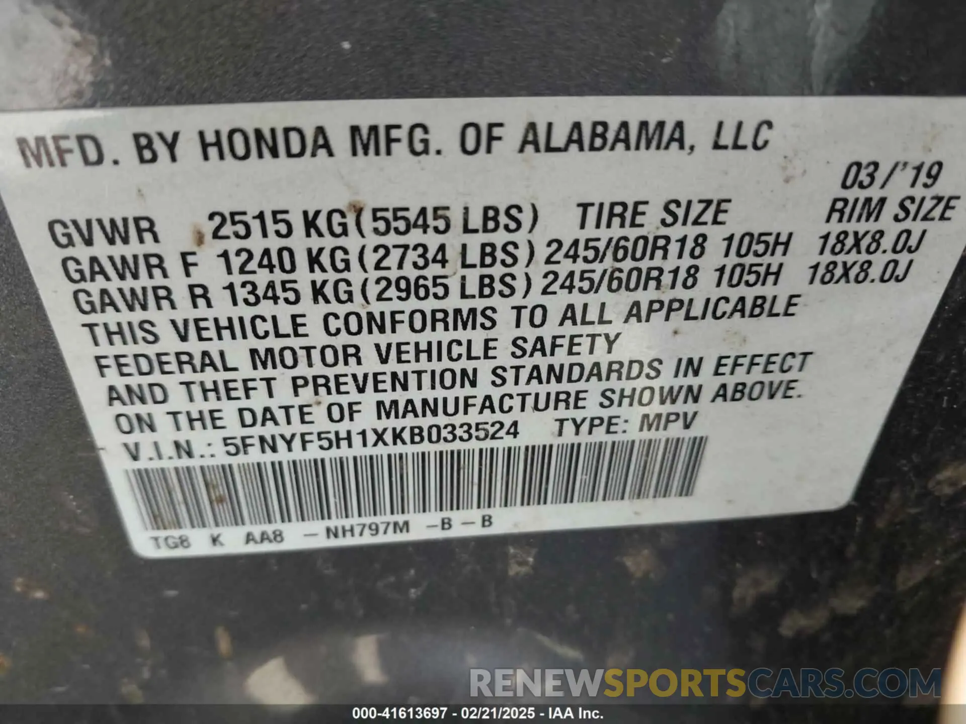 9 fotografías del automóvil dañado 5FNYF5H1XKB033524 HONDA PILOT 2019