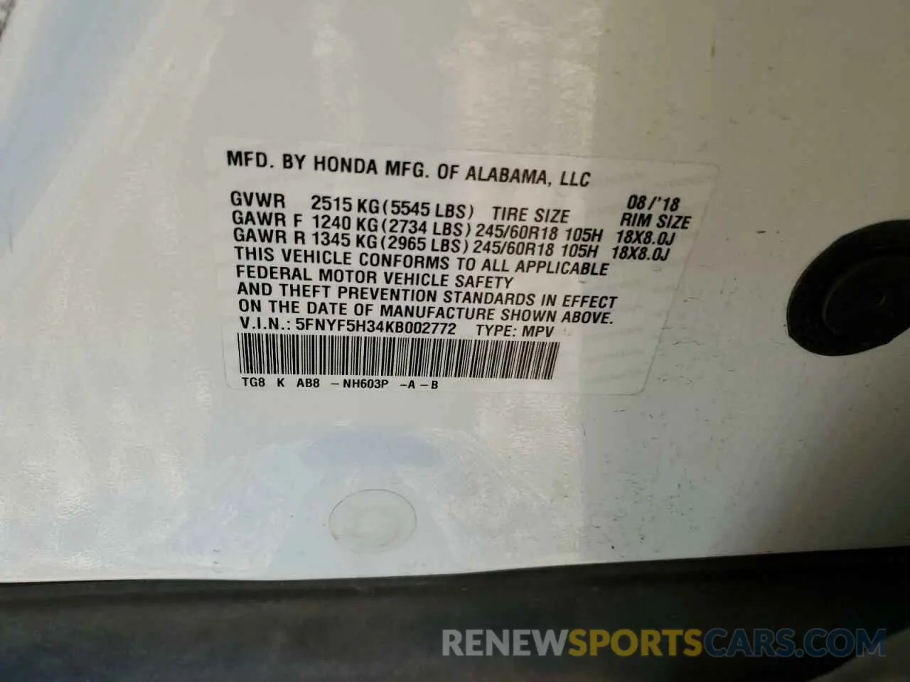 14 fotografías del automóvil dañado 5FNYF5H34KB002772 HONDA PILOT 2019