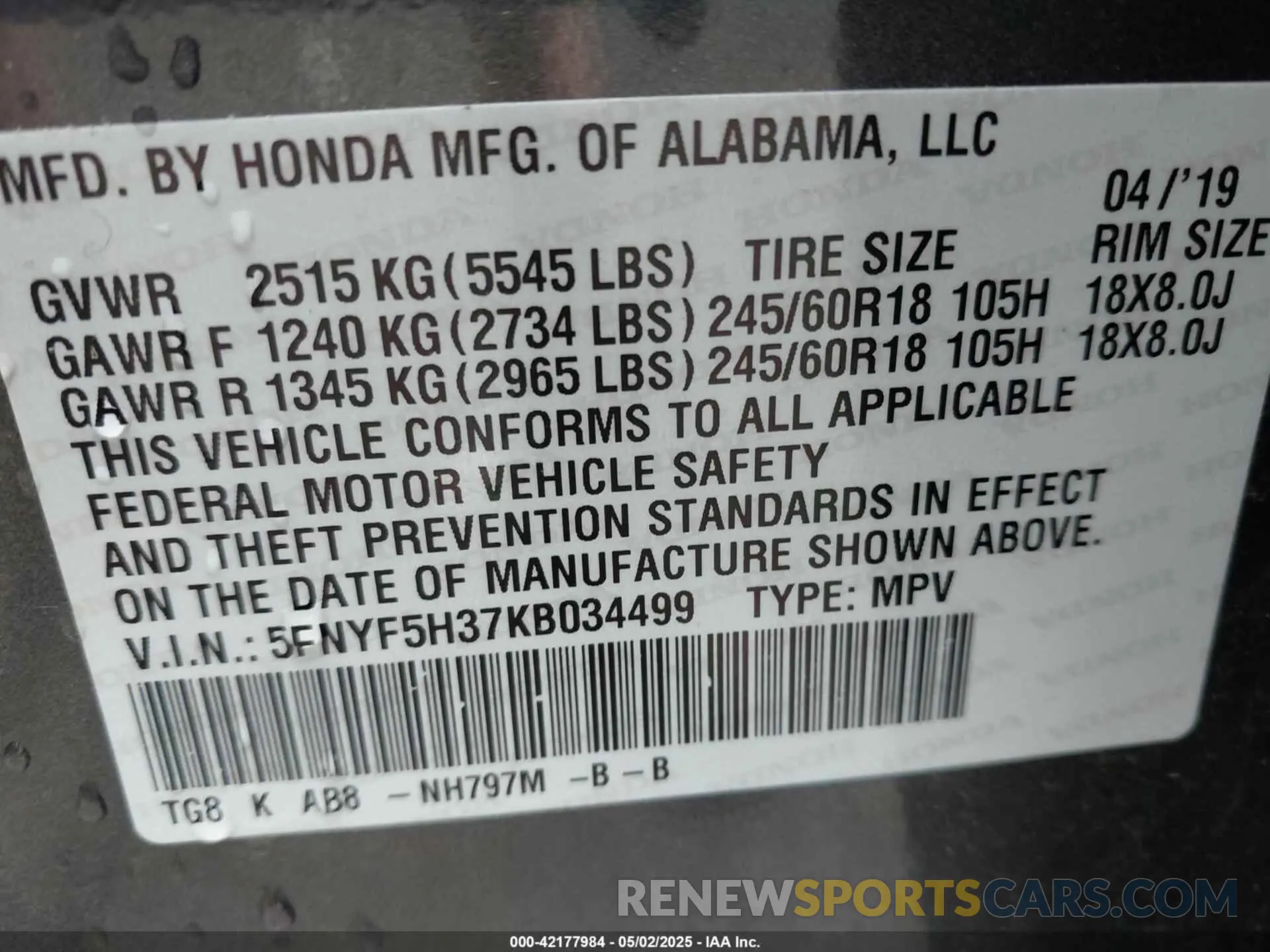 9 fotografías del automóvil dañado 5FNYF5H37KB034499 HONDA PILOT 2019