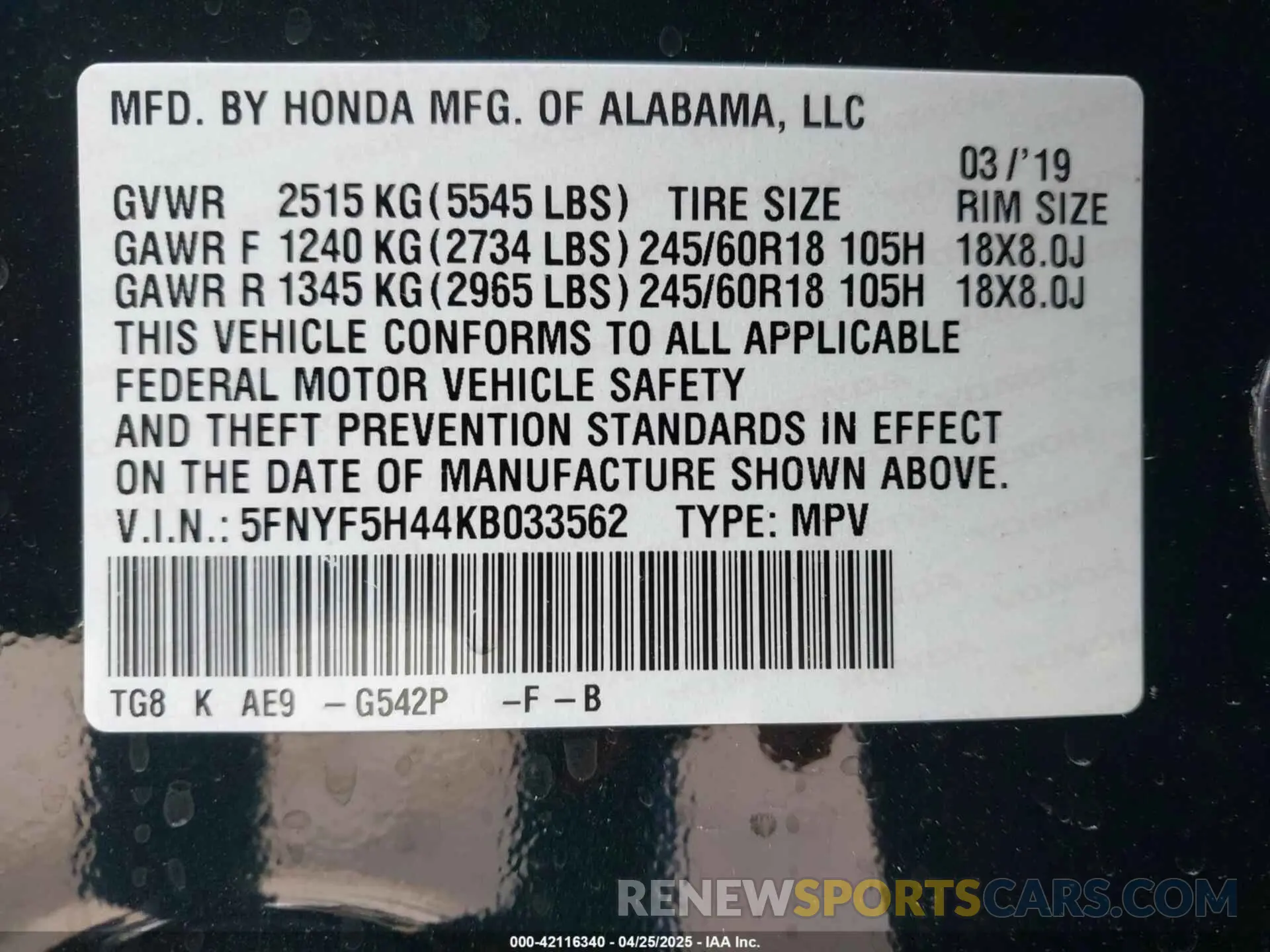 9 fotografías del automóvil dañado 5FNYF5H44KB033562 HONDA PILOT 2019