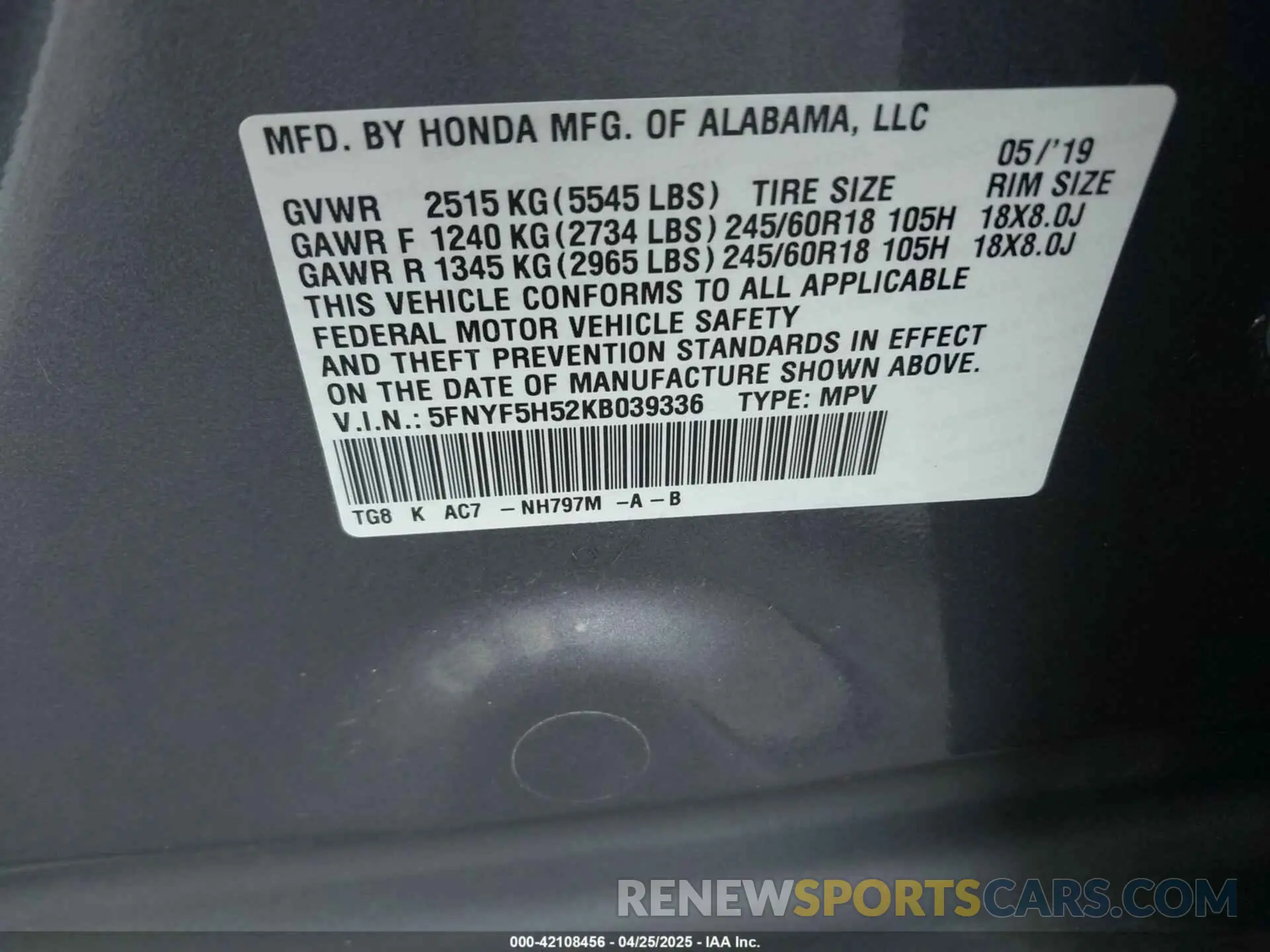 9 fotografías del automóvil dañado 5FNYF5H52KB039336 HONDA PILOT 2019