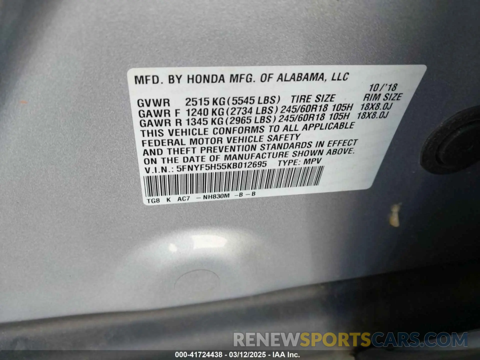 9 fotografías del automóvil dañado 5FNYF5H55KB012695 HONDA PILOT 2019
