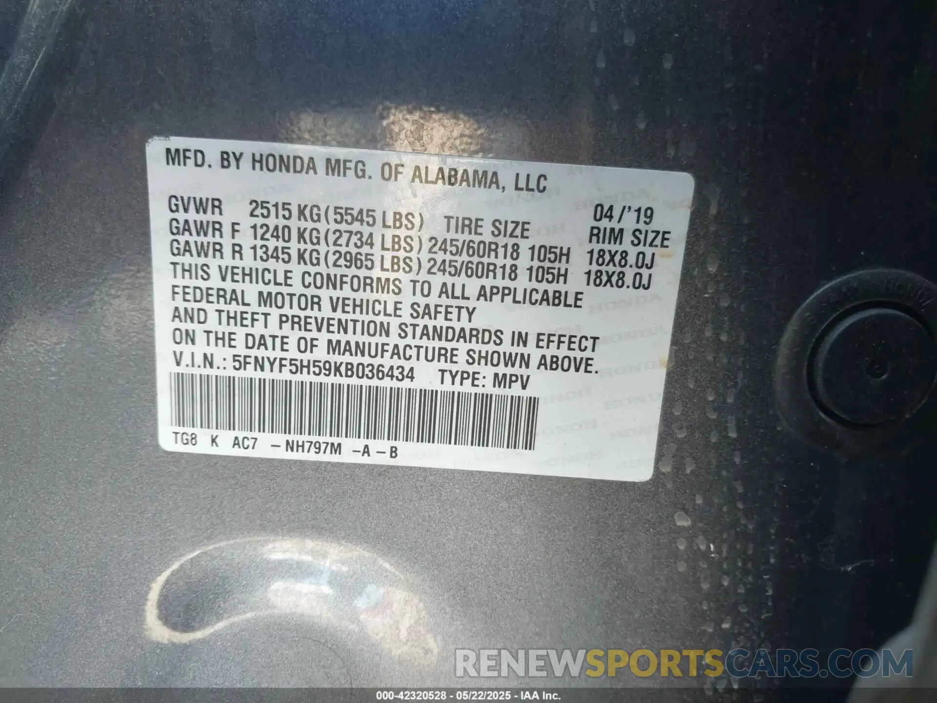 9 fotografías del automóvil dañado 5FNYF5H59KB036434 HONDA PILOT 2019