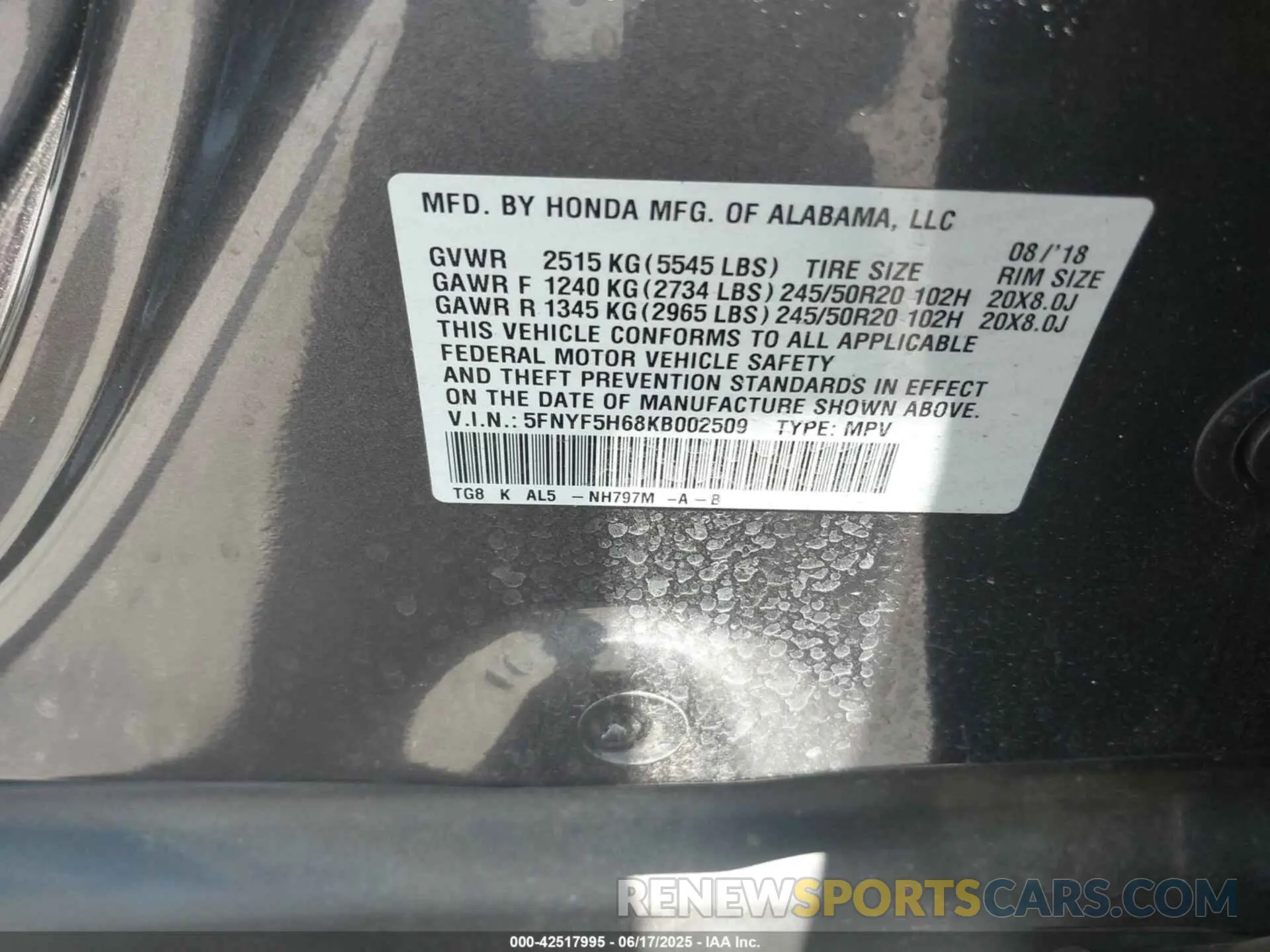 9 fotografías del automóvil dañado 5FNYF5H68KB002509 HONDA PILOT 2019