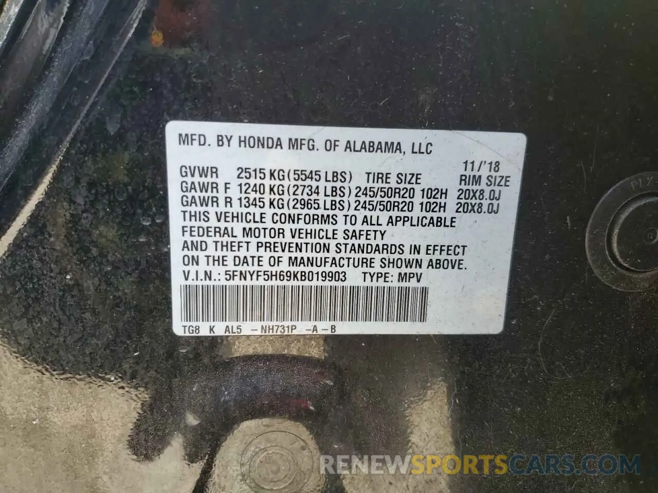 14 fotografías del automóvil dañado 5FNYF5H69KB019903 HONDA PILOT 2019
