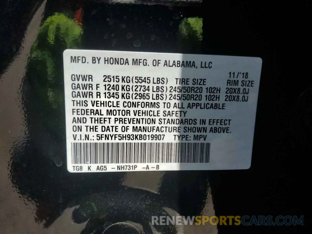 13 fotografías del automóvil dañado 5FNYF5H93KB019907 HONDA PILOT 2019