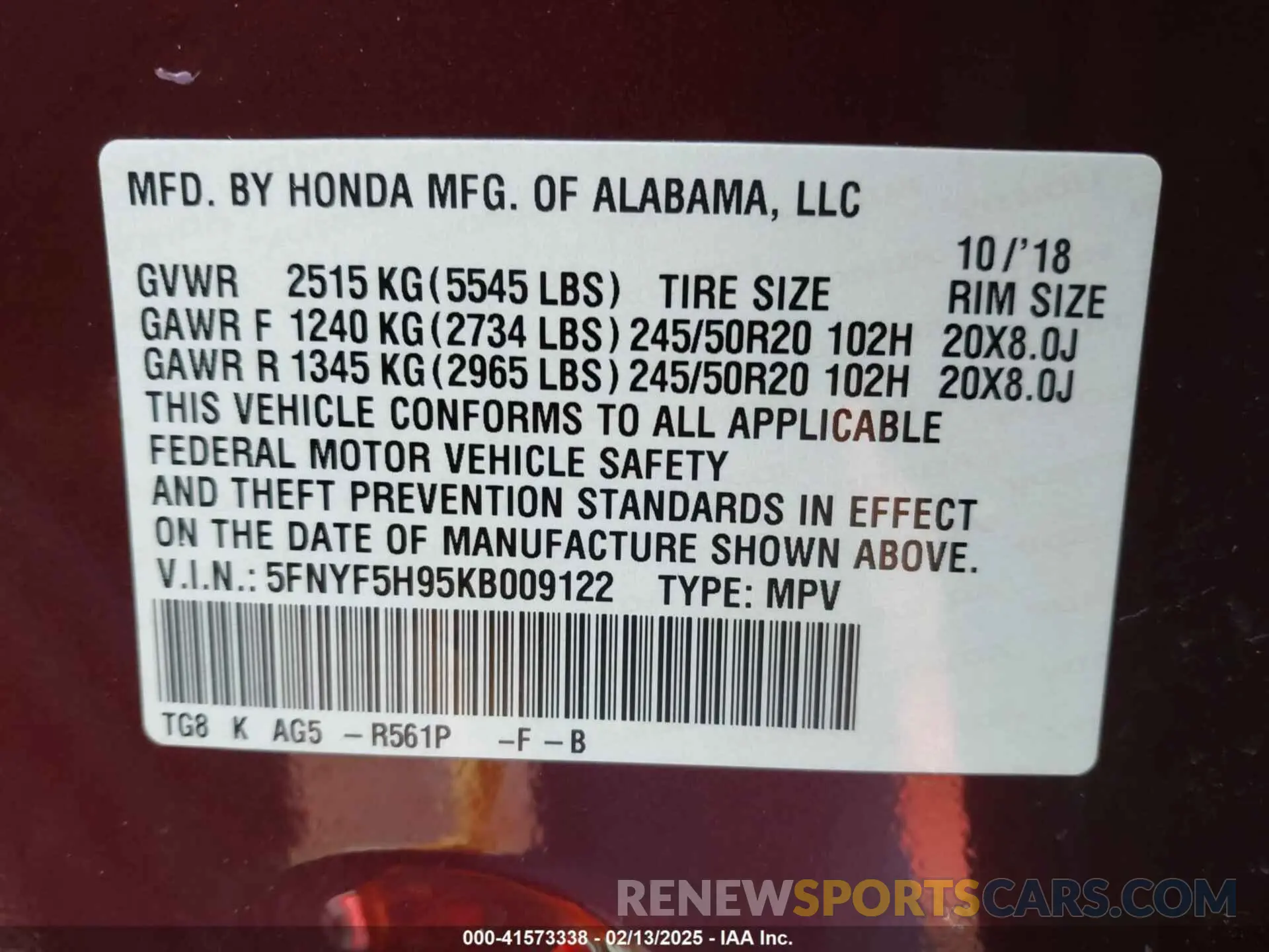 9 fotografías del automóvil dañado 5FNYF5H95KB009122 HONDA PILOT 2019