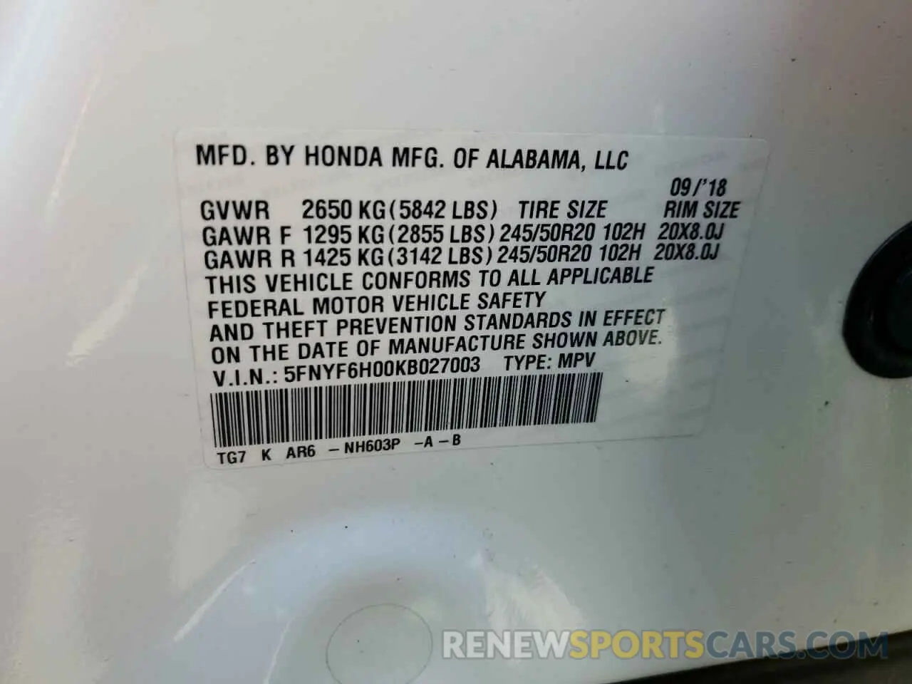 15 fotografías del automóvil dañado 5FNYF6H00KB027003 HONDA PILOT 2019