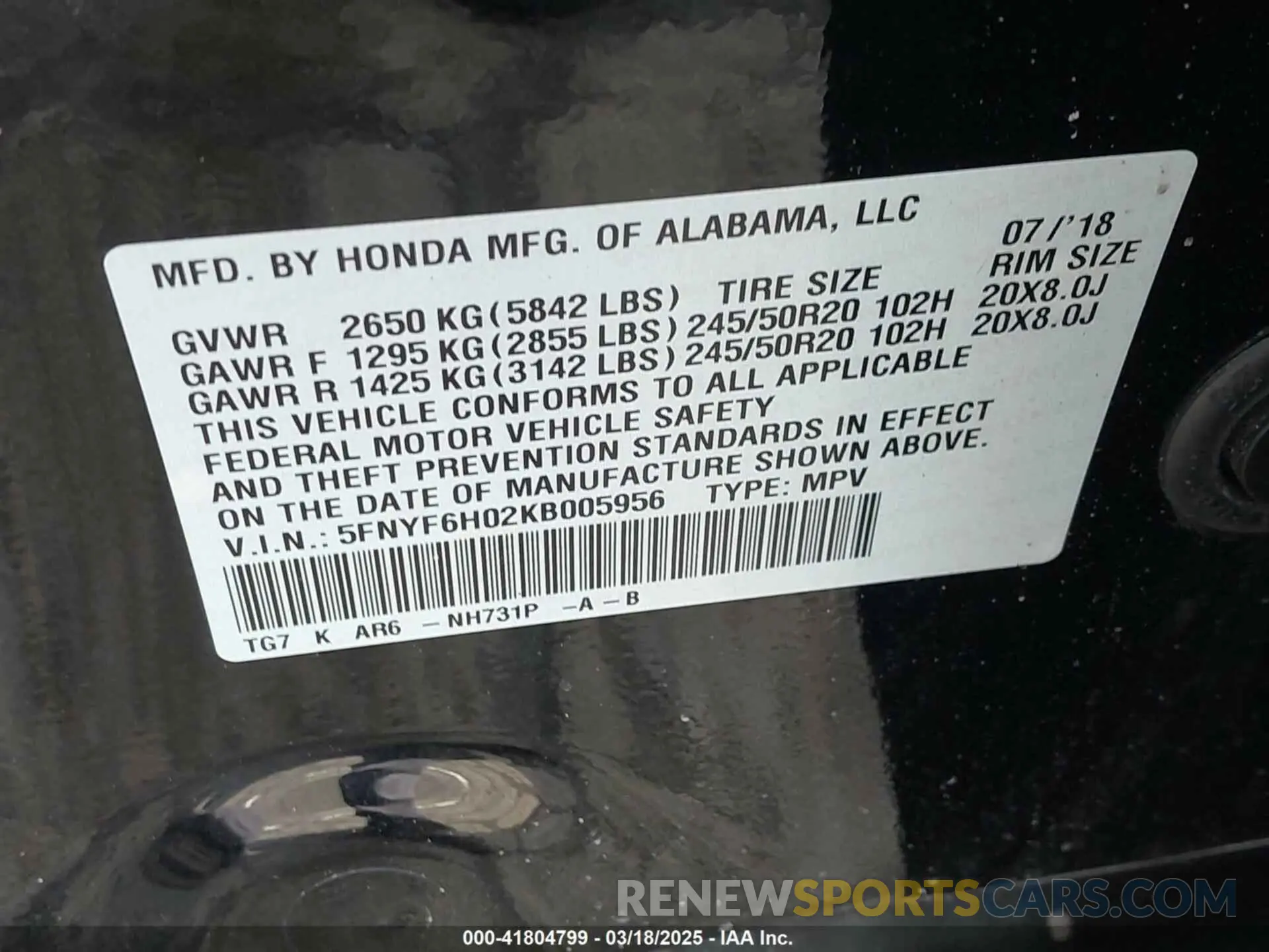 9 fotografías del automóvil dañado 5FNYF6H02KB005956 HONDA PILOT 2019