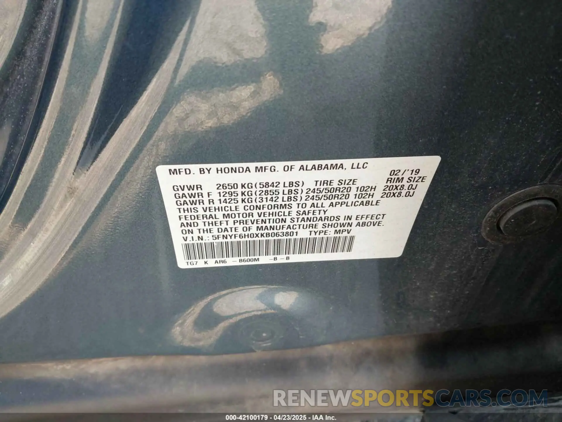 9 fotografías del automóvil dañado 5FNYF6H0XKB063801 HONDA PILOT 2019