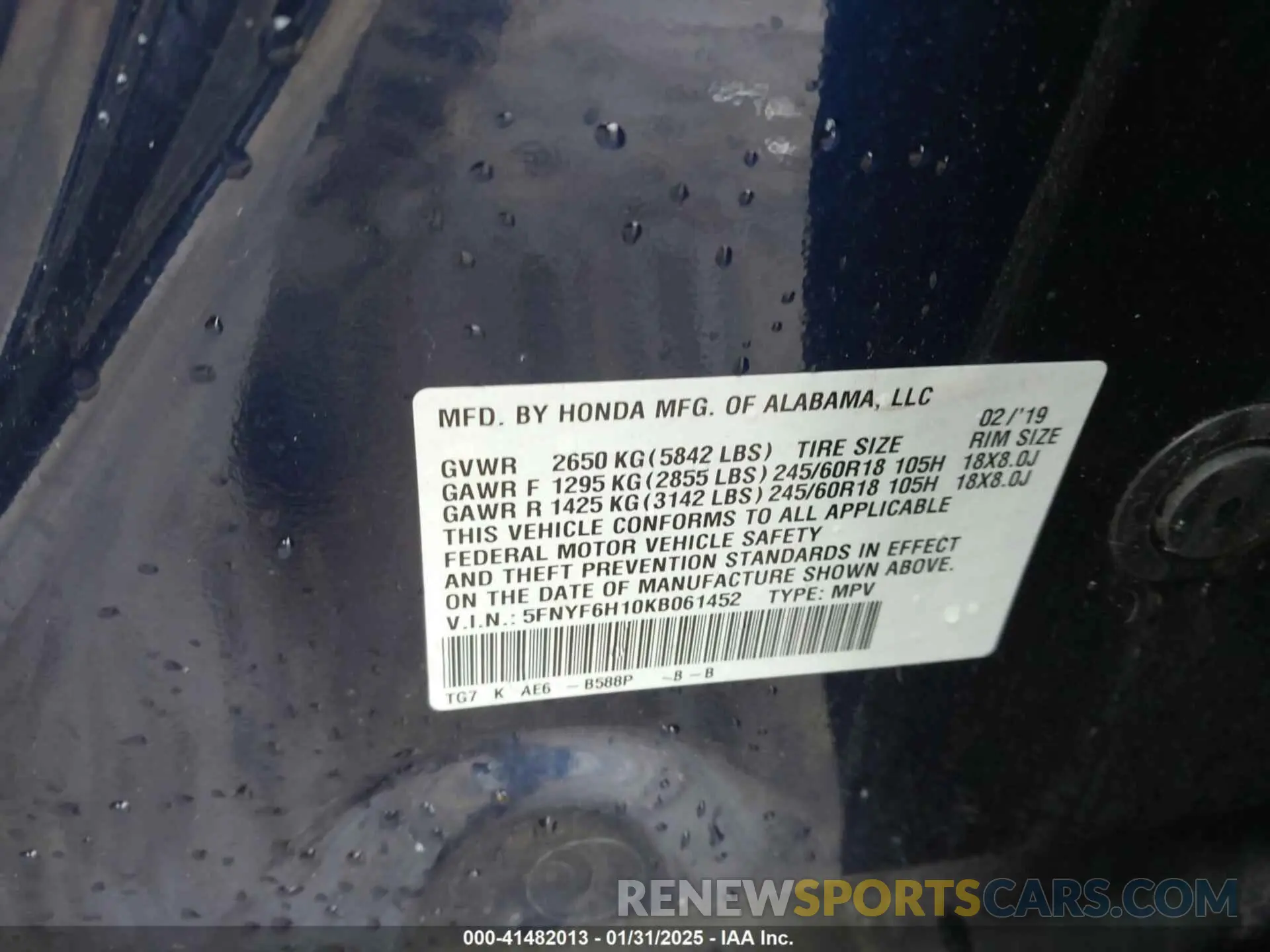 9 fotografías del automóvil dañado 5FNYF6H10KB061452 HONDA PILOT 2019