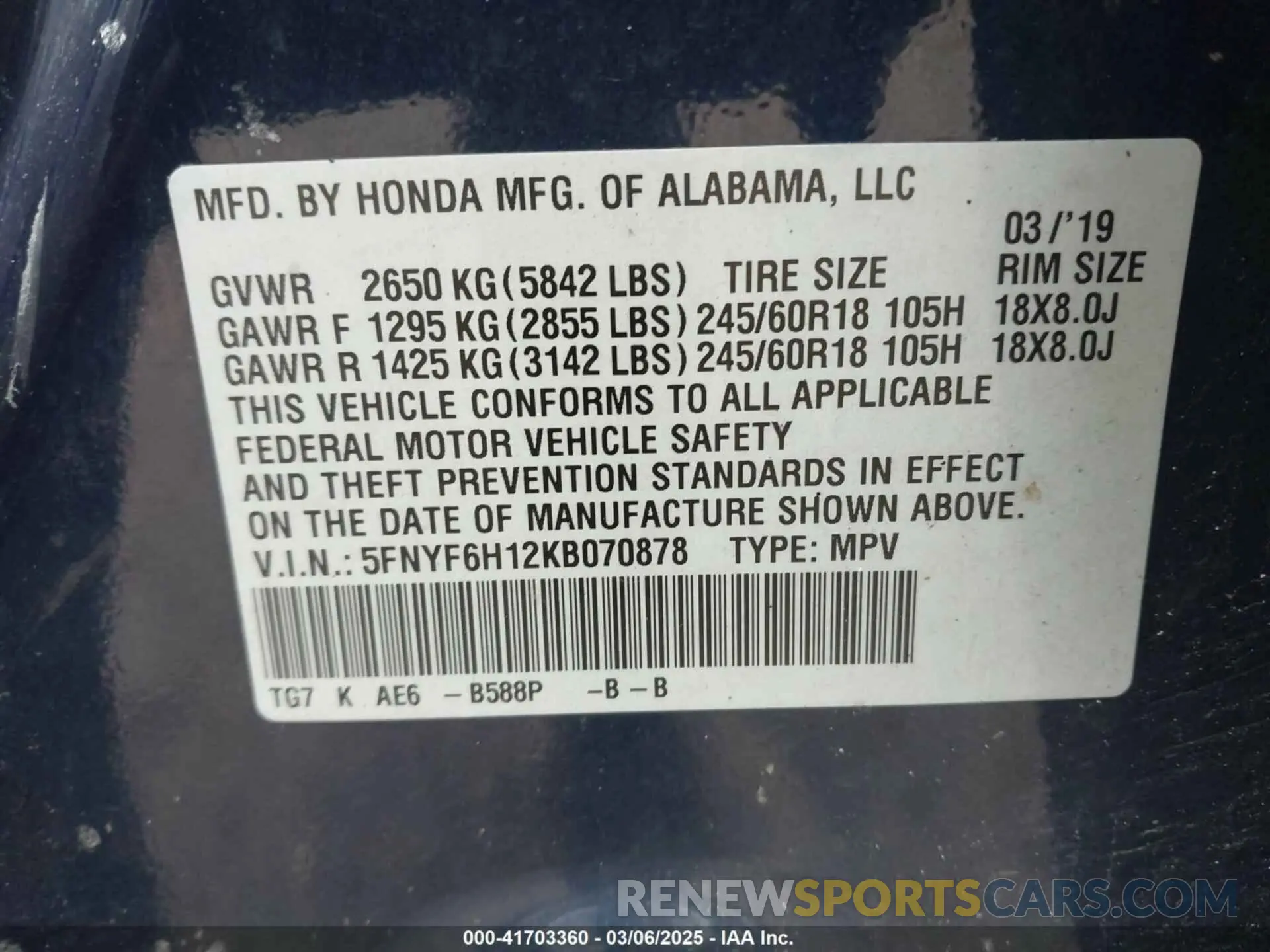 9 fotografías del automóvil dañado 5FNYF6H12KB070878 HONDA PILOT 2019
