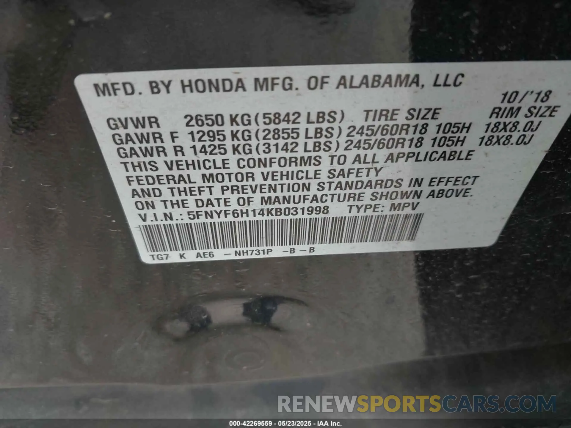 9 fotografías del automóvil dañado 5FNYF6H14KB031998 HONDA PILOT 2019